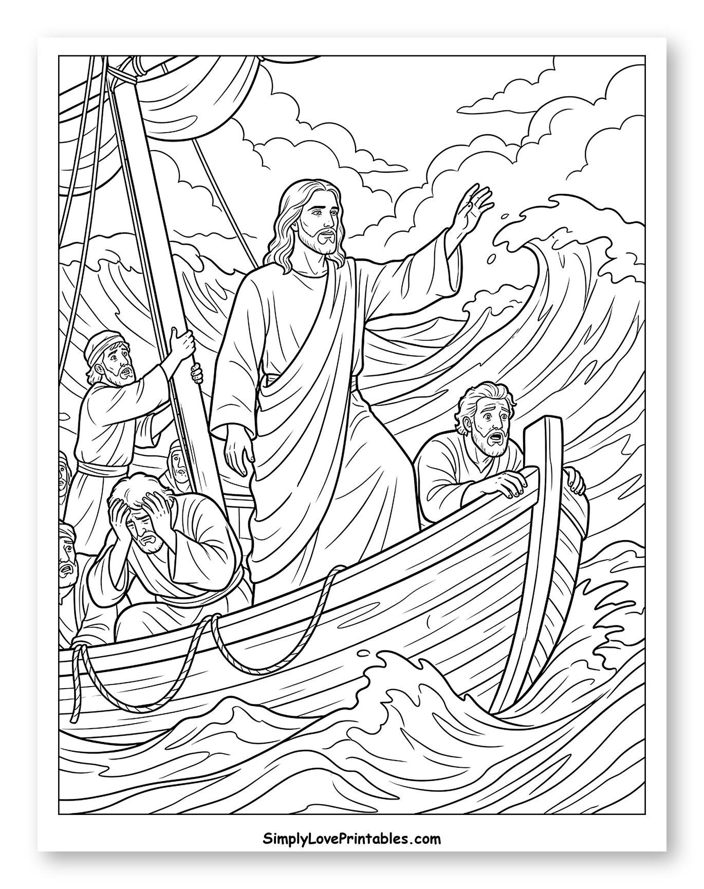 Jesus Calming the Storm in a Boat to Color