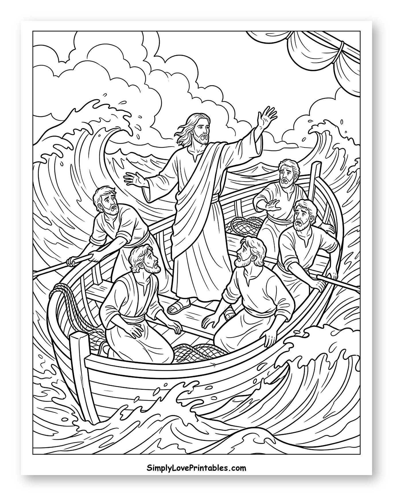Jesus Calms the Storm with Disciples Coloring Sheet