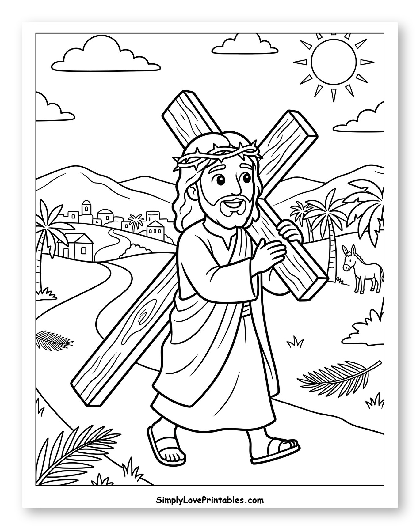Jesus Carrying the Cross on a Winding Path Coloring Sheet for Kids