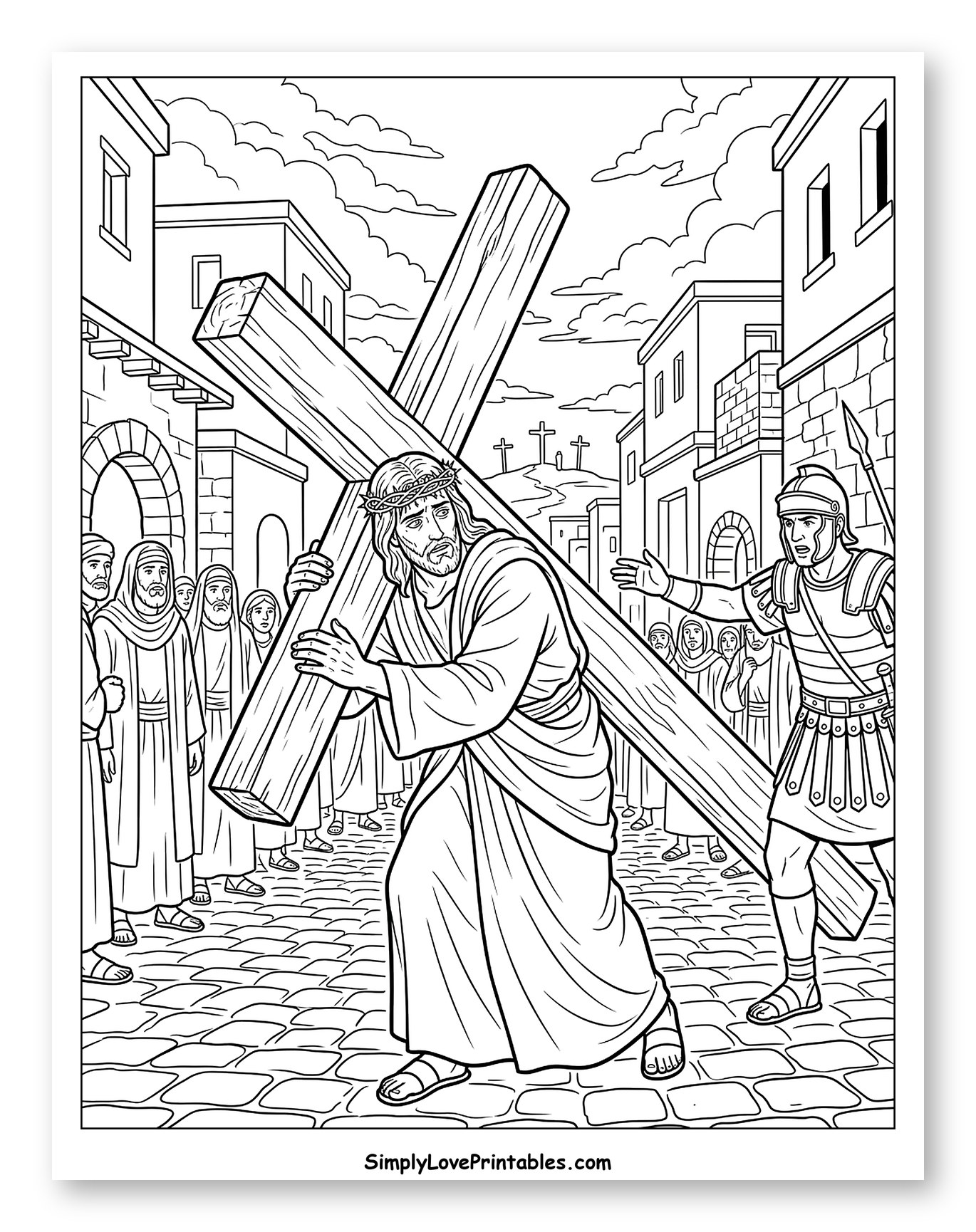 Jesus Carrying the Cross on Cobblestone Street Coloring Sheet