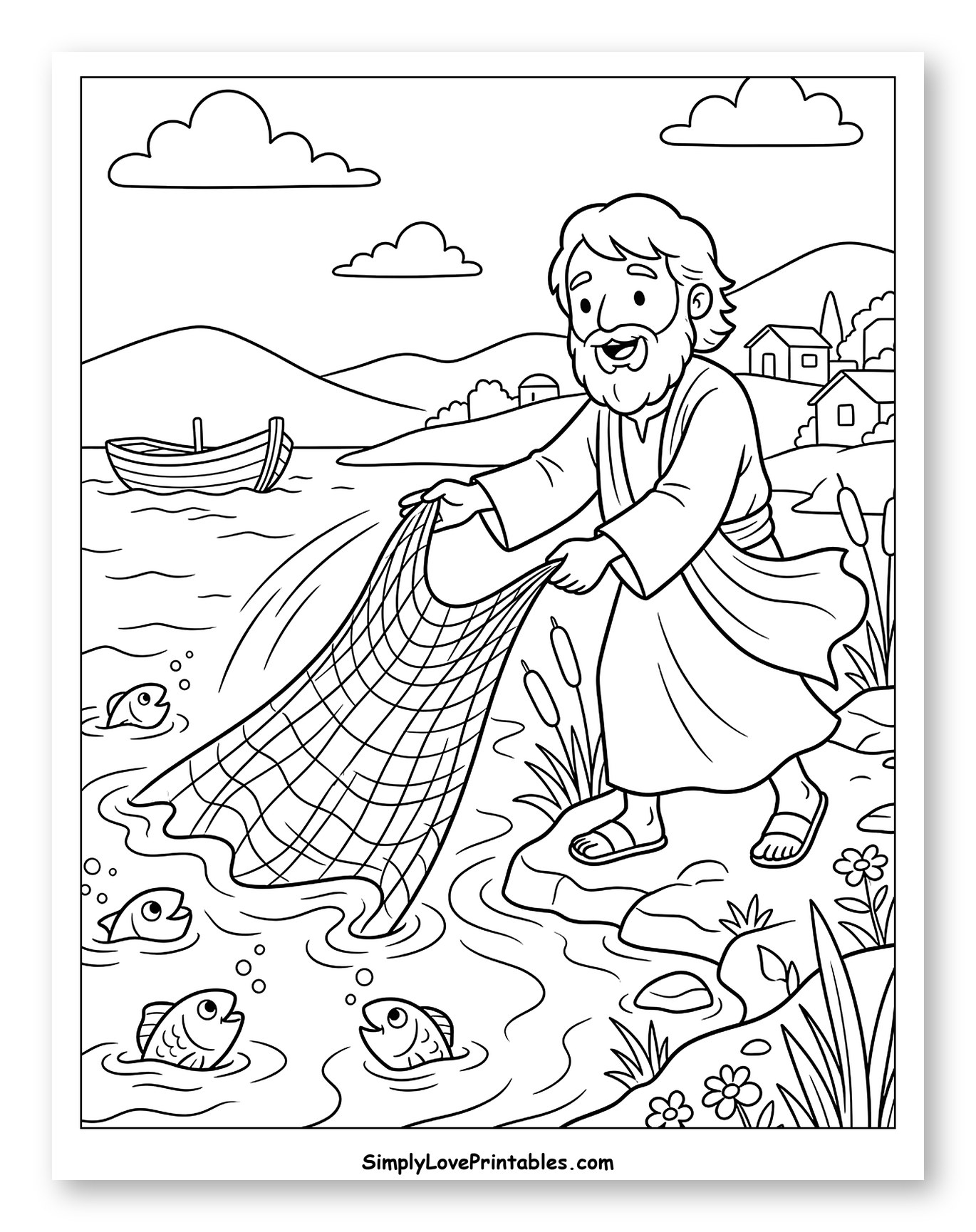 Jesus Casting a Fishing Net Coloring Sheet for Kids