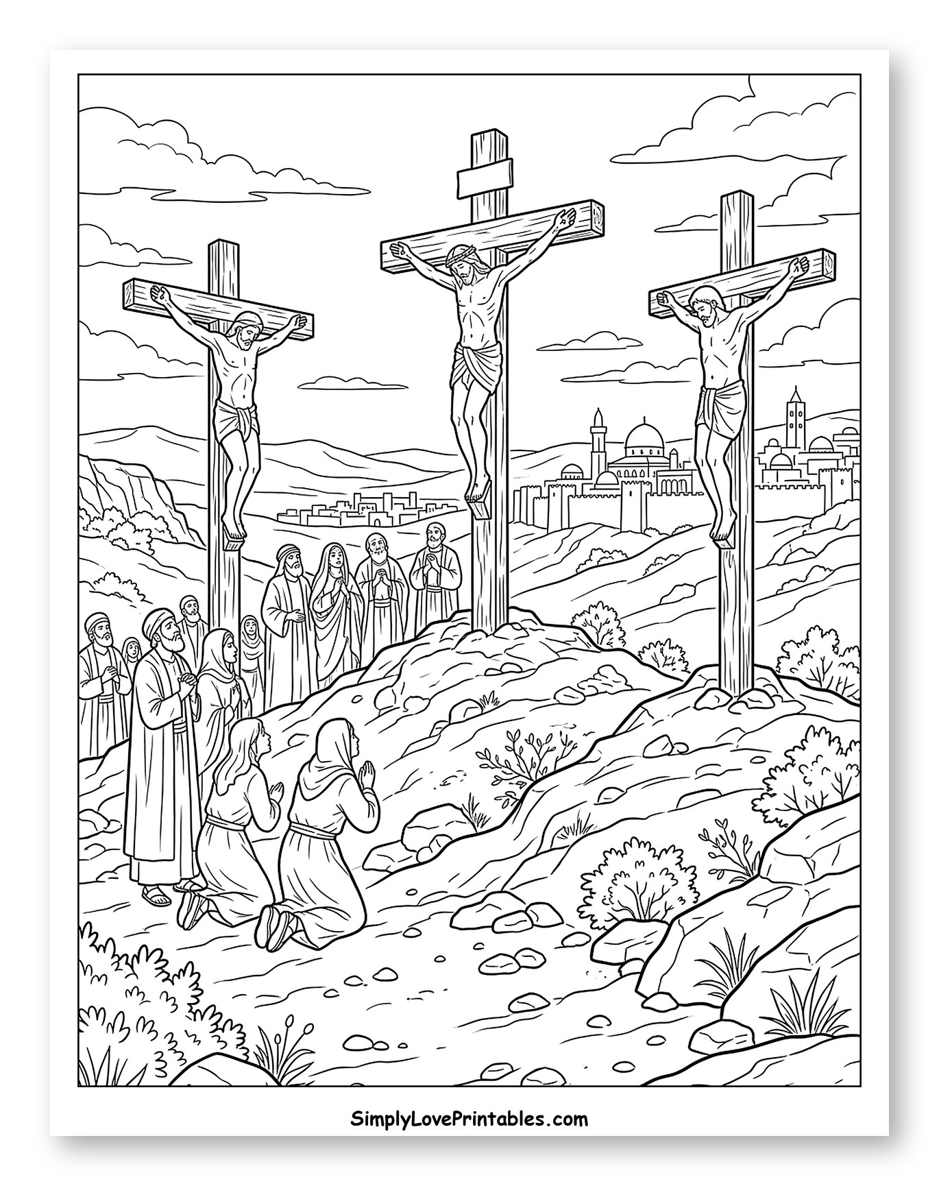 Jesus Crucified with Disciples and City Coloring Page