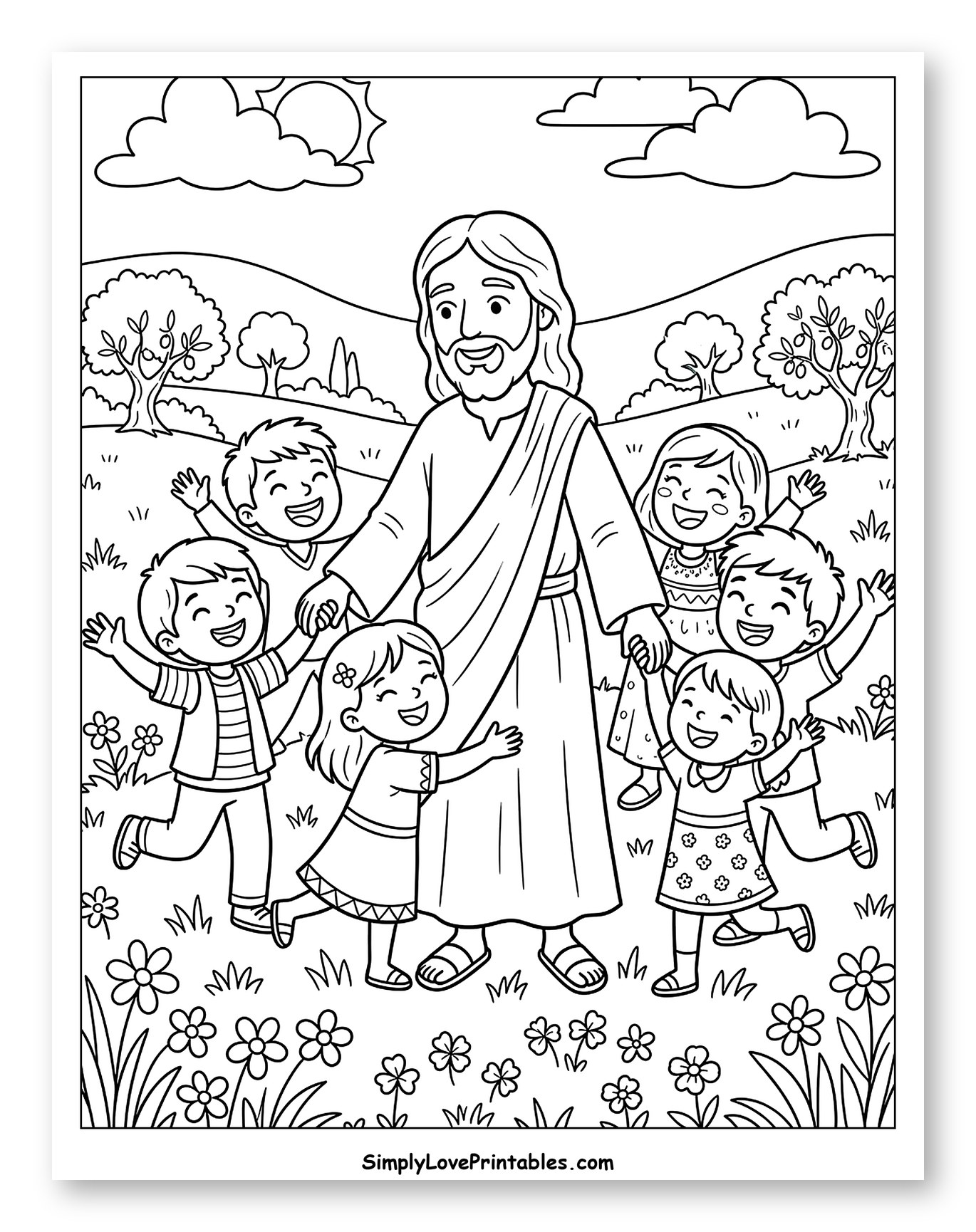 Jesus Embracing Smiling Children in Nature