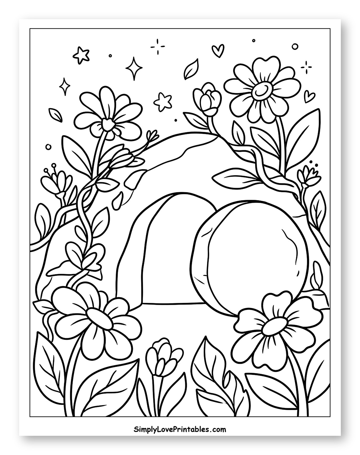Jesus' Empty Tomb Surrounded by Flowers Coloring Page for Adults