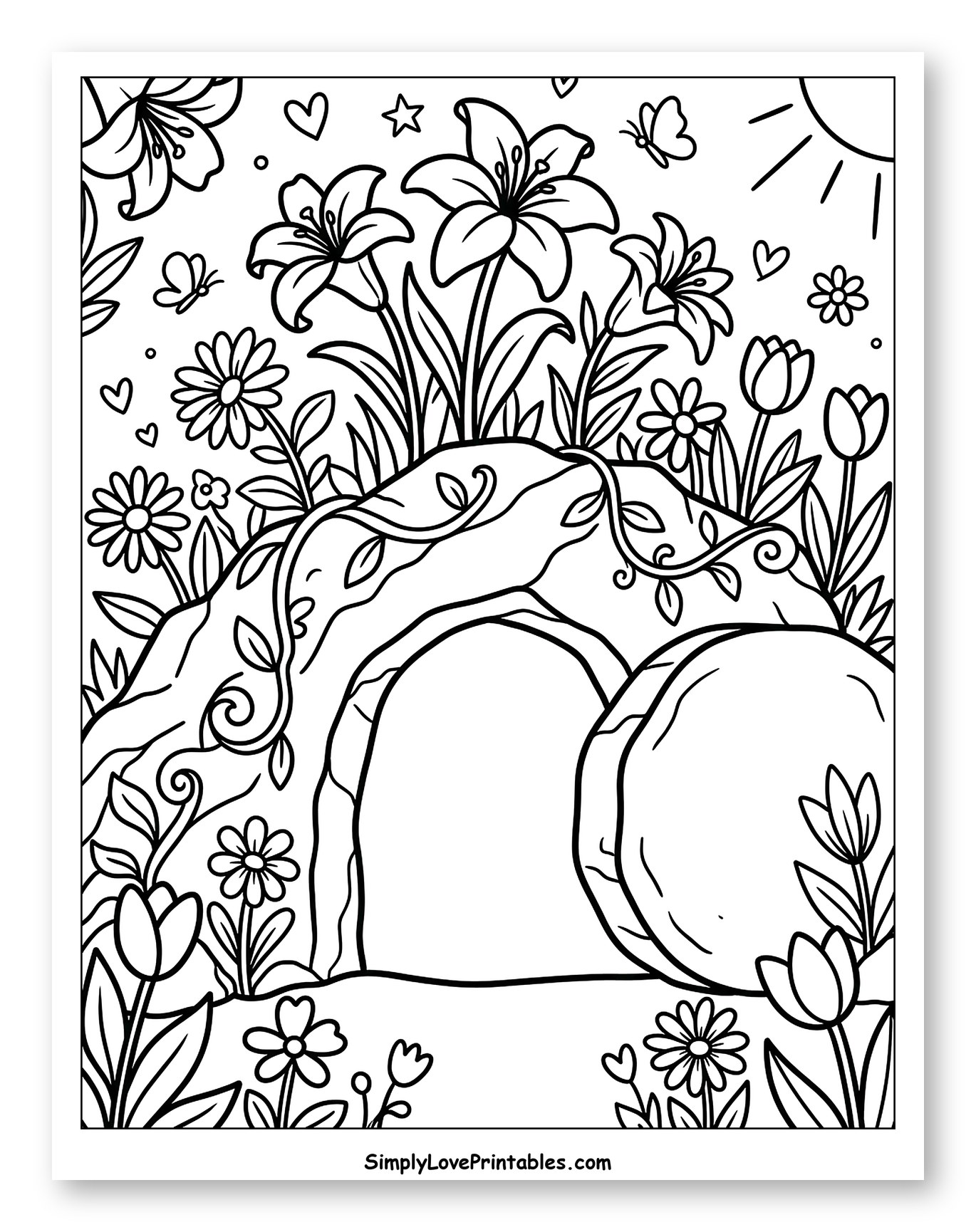 Jesus' Empty Tomb with Blooming Flowers to Color for Adults