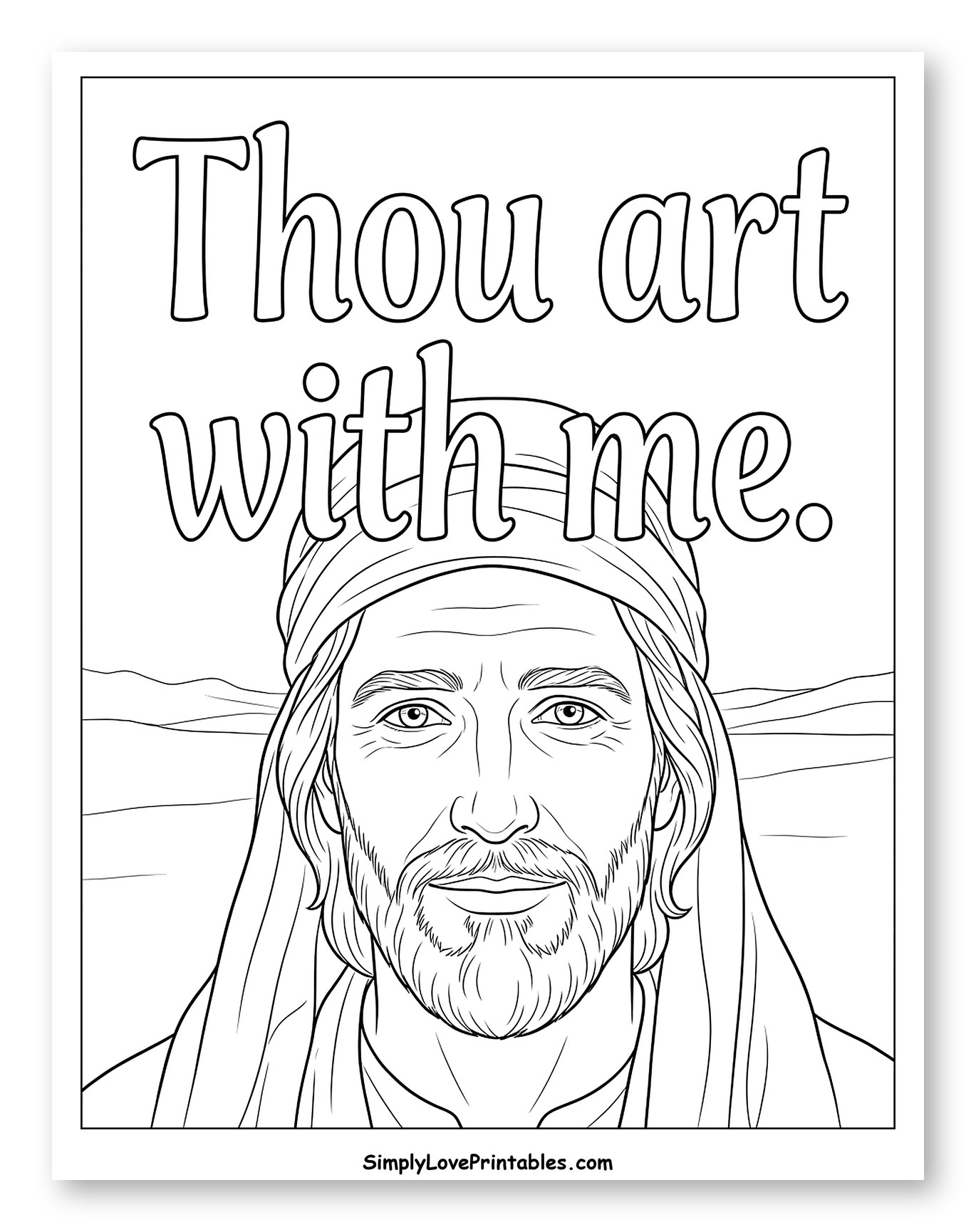 Jesus' Face and "Thou Art With Me" Scripture Coloring Page