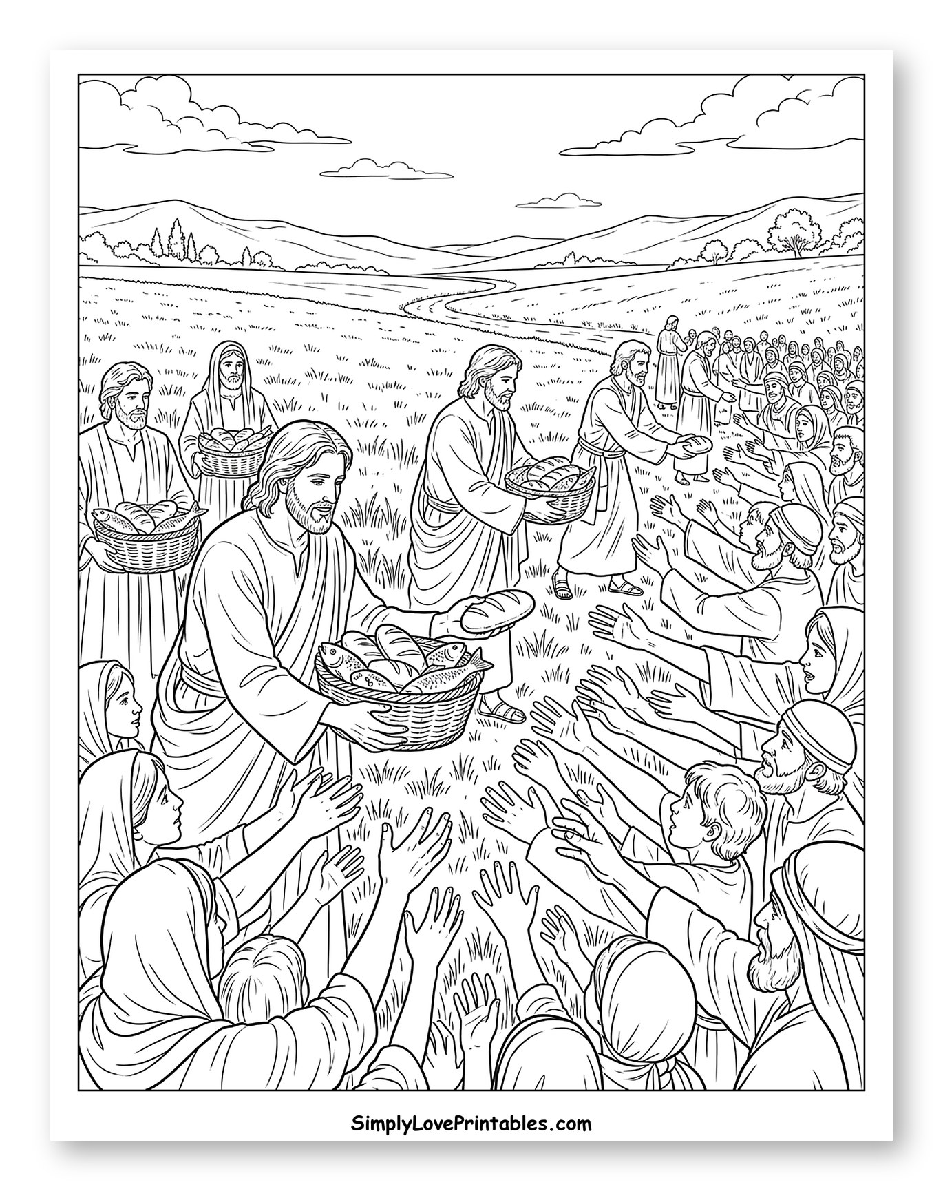 Jesus Feeds the Multitude with Bread and Fish Coloring Sheet