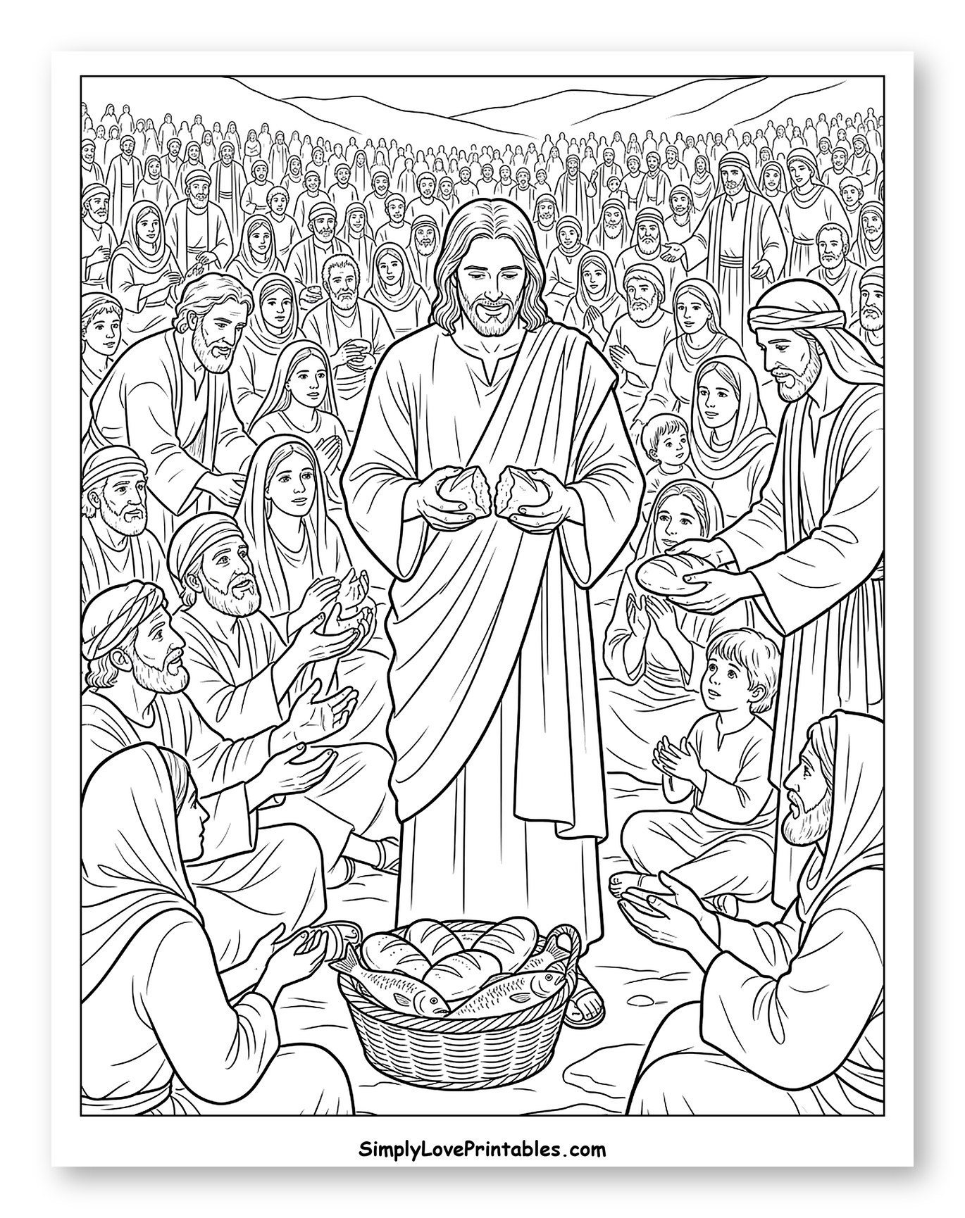 Jesus Feeds the Multitude with Loaves and Fish Coloring Page