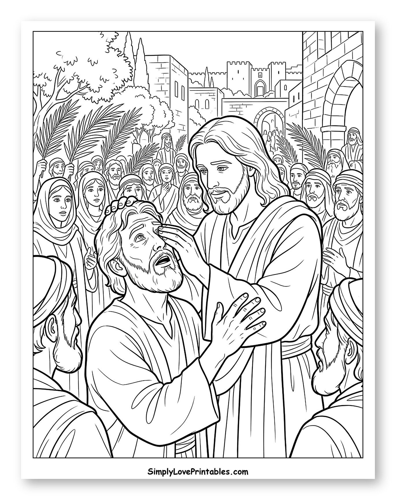 Jesus Heals Blind Man Surrounded by Waving Palms Coloring Sheet