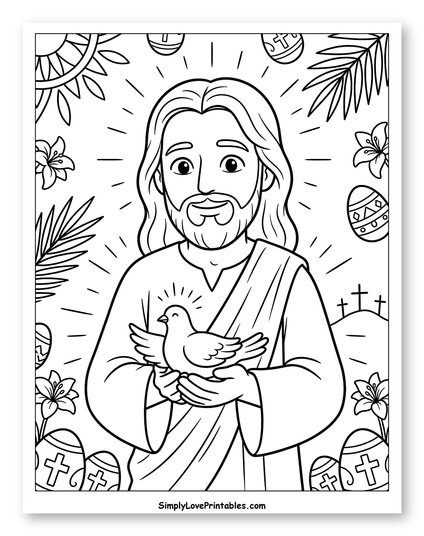Jesus Holding a Dove with Easter Symbols Coloring Sheet for Kids