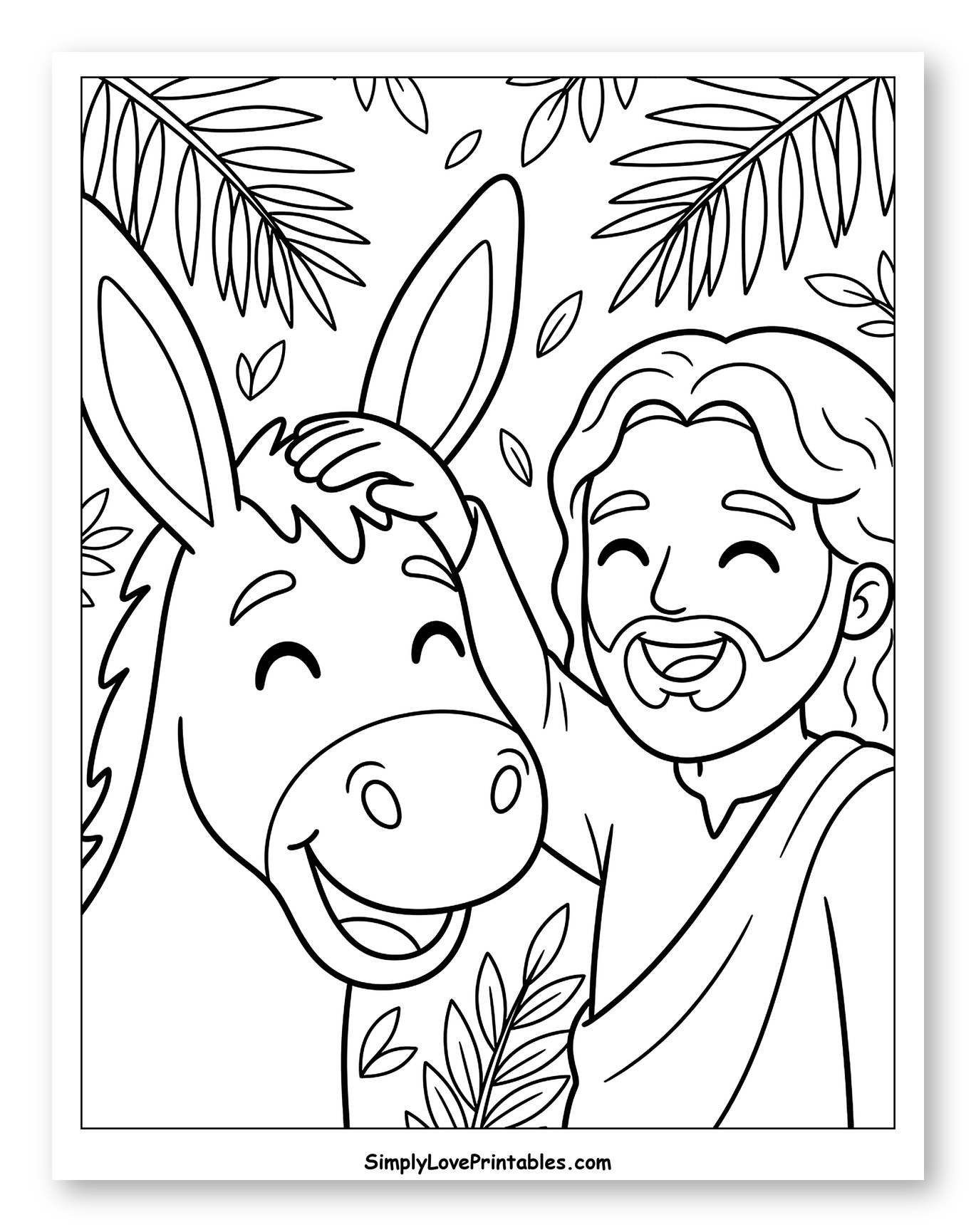 Jesus Joyfully Petting Donkey on Palm Sunday Coloring Sheet for Kids