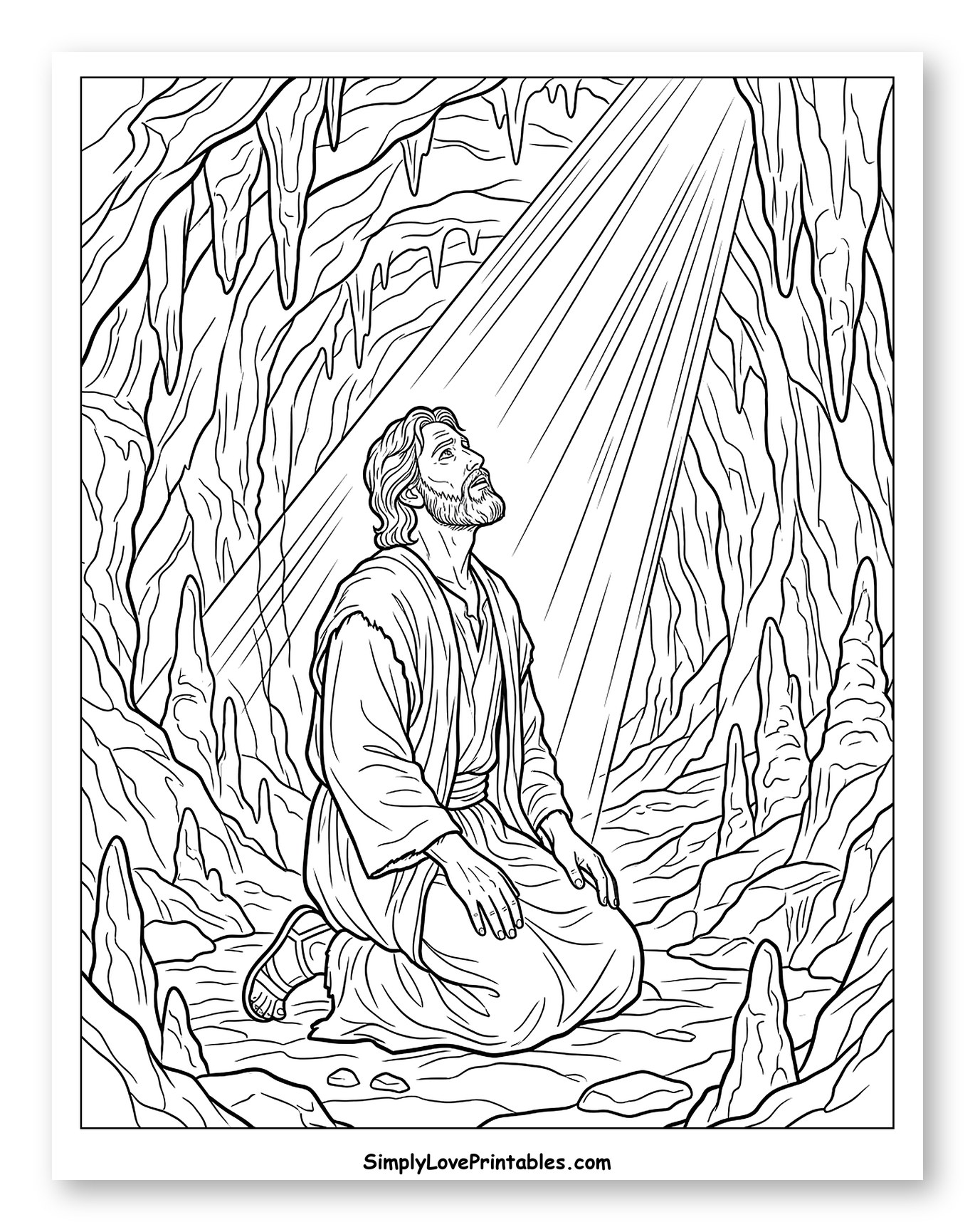 Jesus Kneeling in a Cave with Light Beam Coloring Page