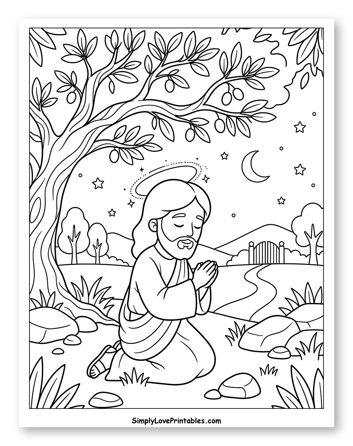 Jesus Kneeling in Prayer at Gethsemane Coloring Page for Kids