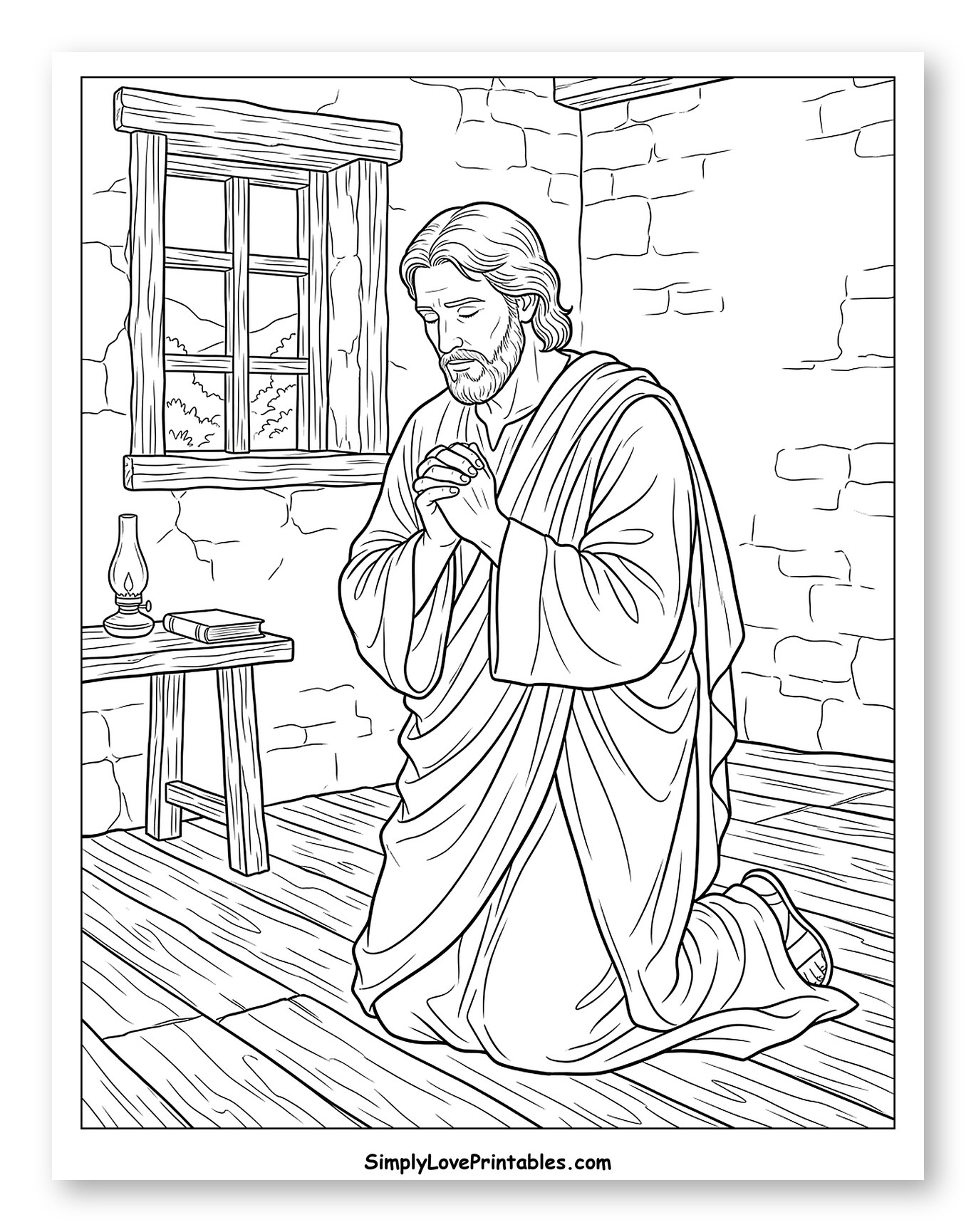 Jesus Kneeling in Prayer by a Window