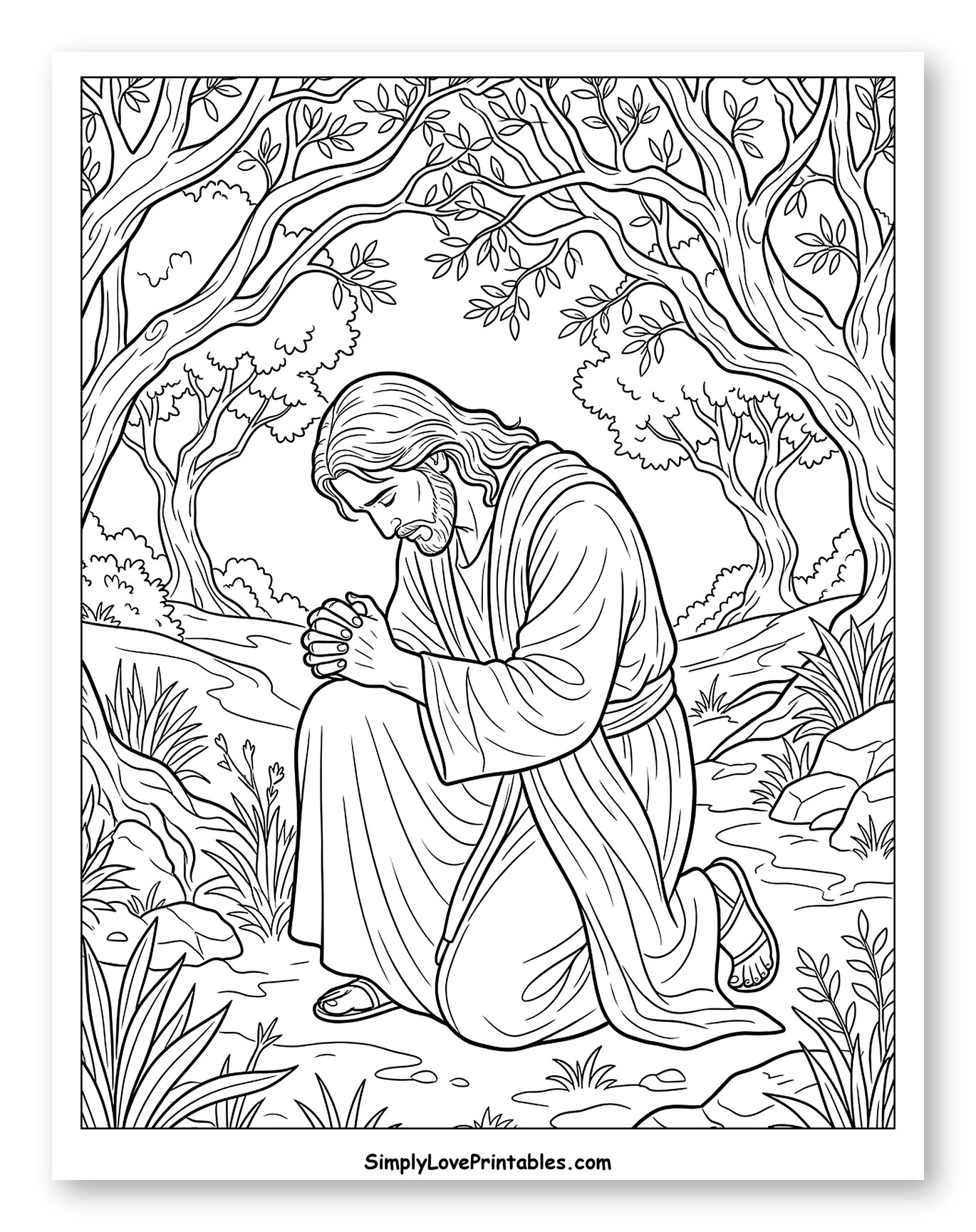 Jesus Kneeling in Prayer Under Trees