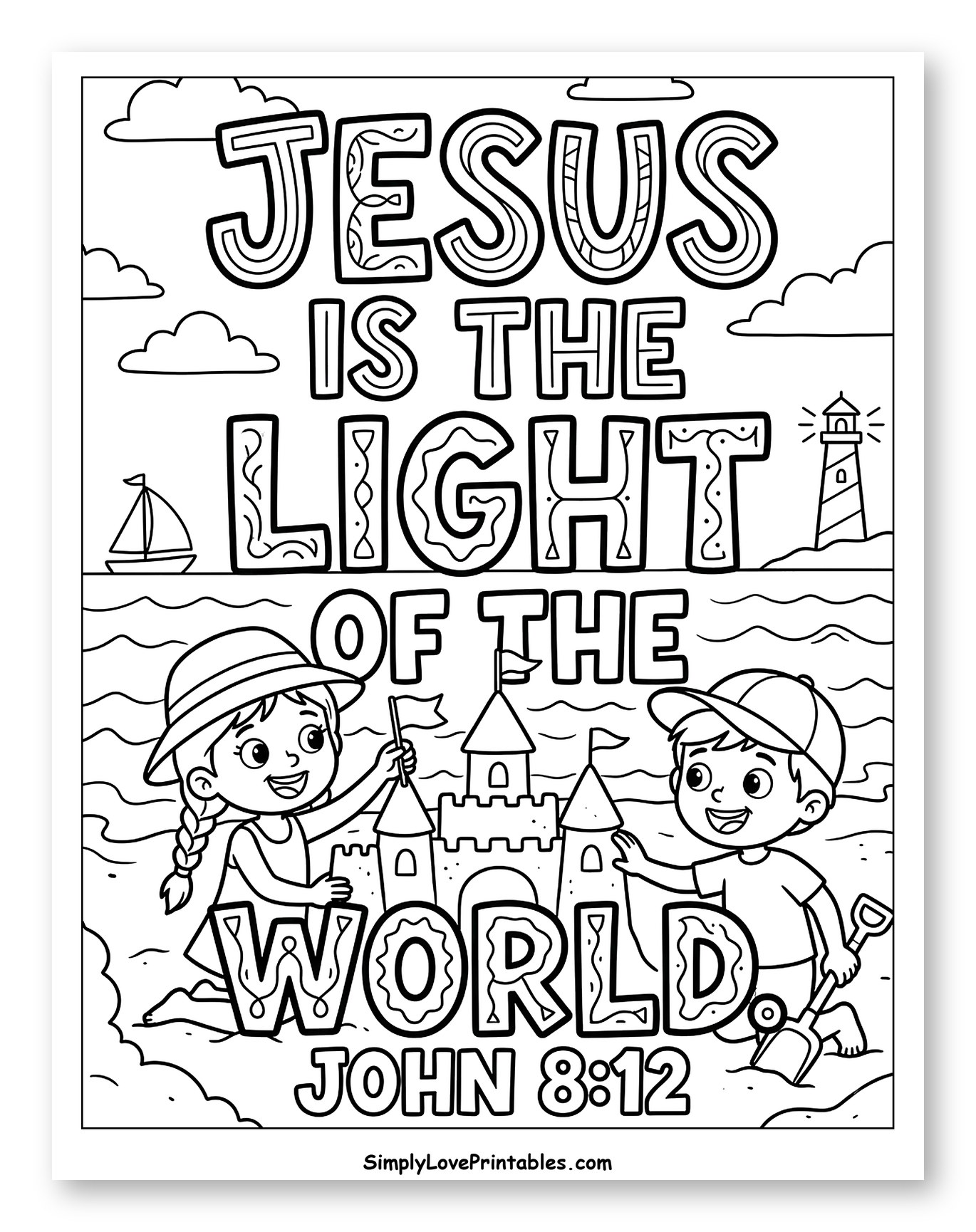 Jesus Light of the World Beach Scene Coloring Sheet for Kids