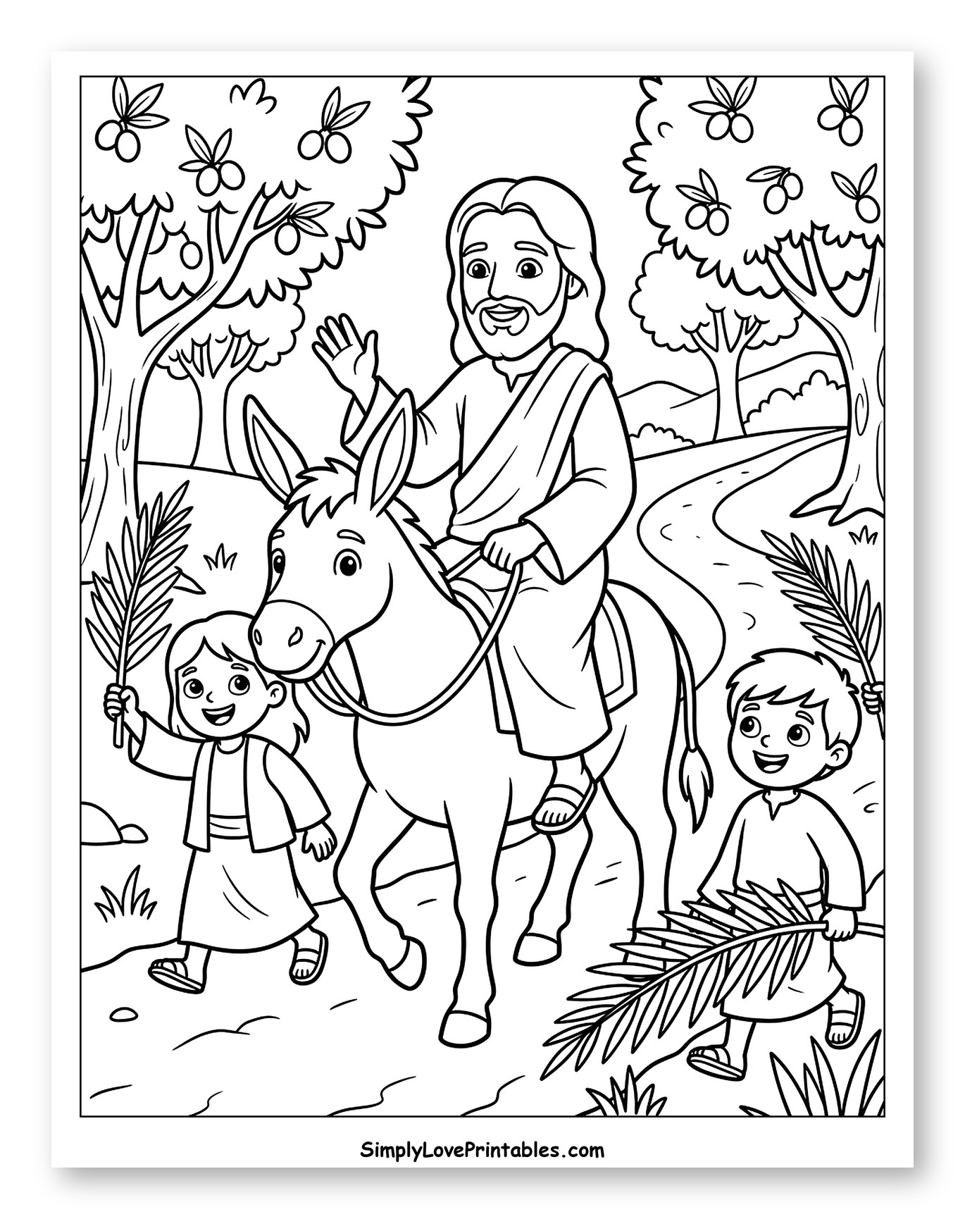 Jesus on a Donkey with Children and Palms Coloring Page for Kids