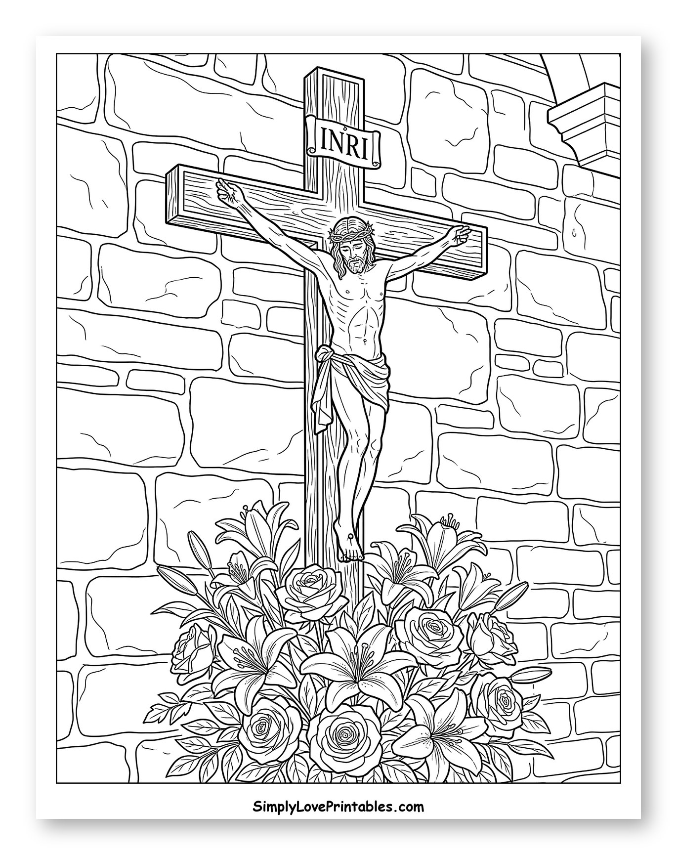Jesus on the Cross with Flowers Coloring Page