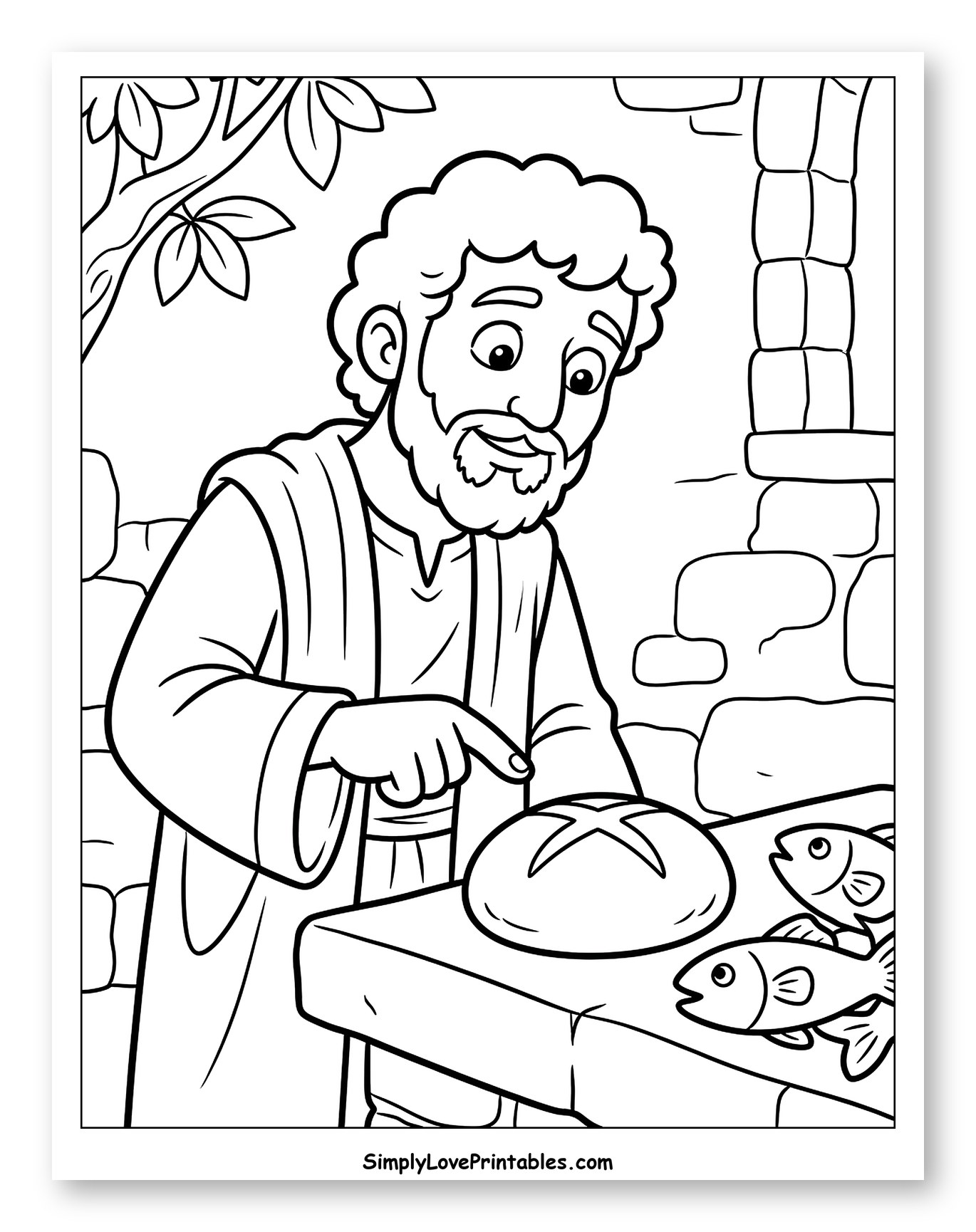 Jesus Pointing at Bread and Fish Coloring Page for Kids