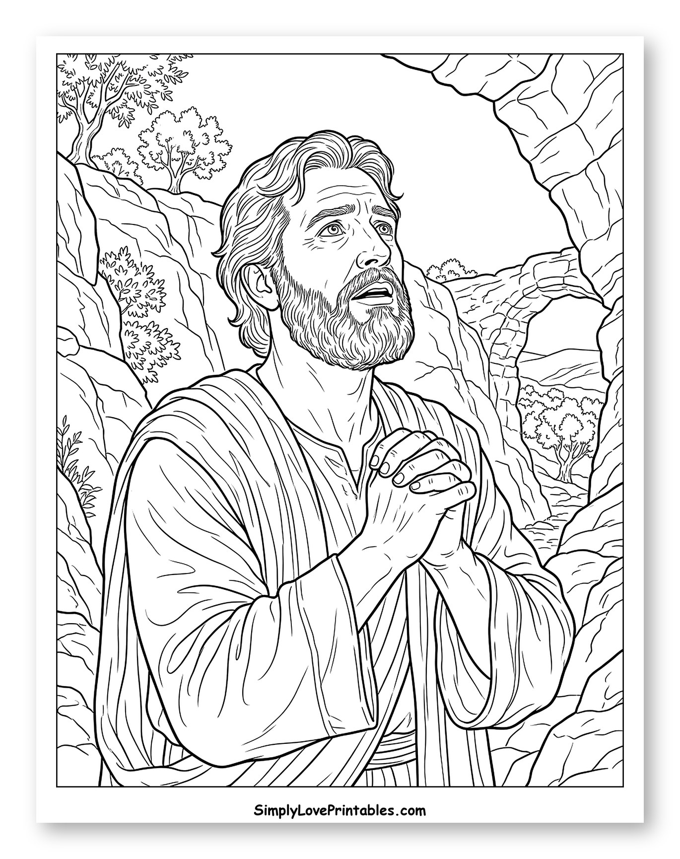 Jesus Praying in a Rocky Landscape Coloring Page