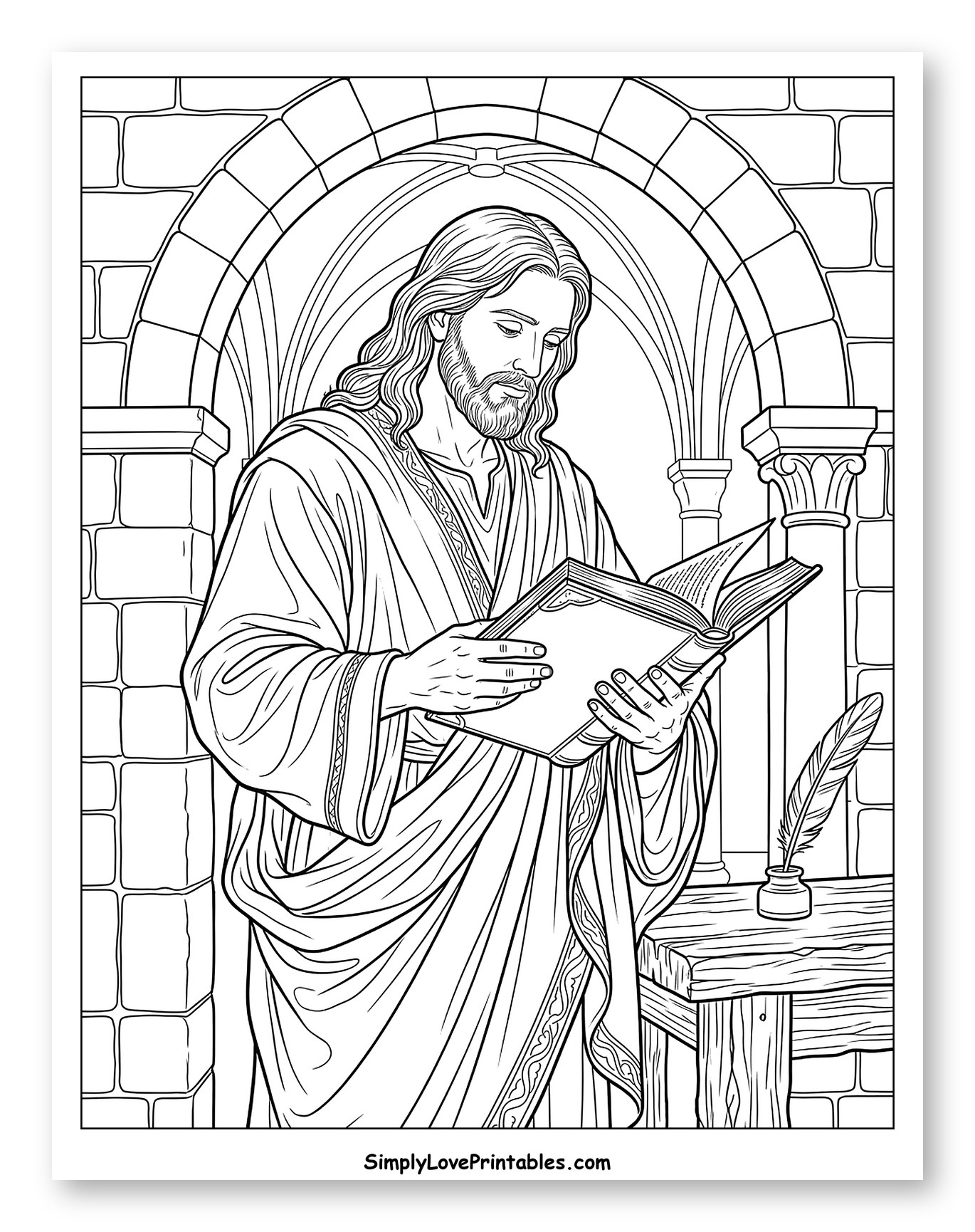 Jesus Reading a Book in an Archway to Color