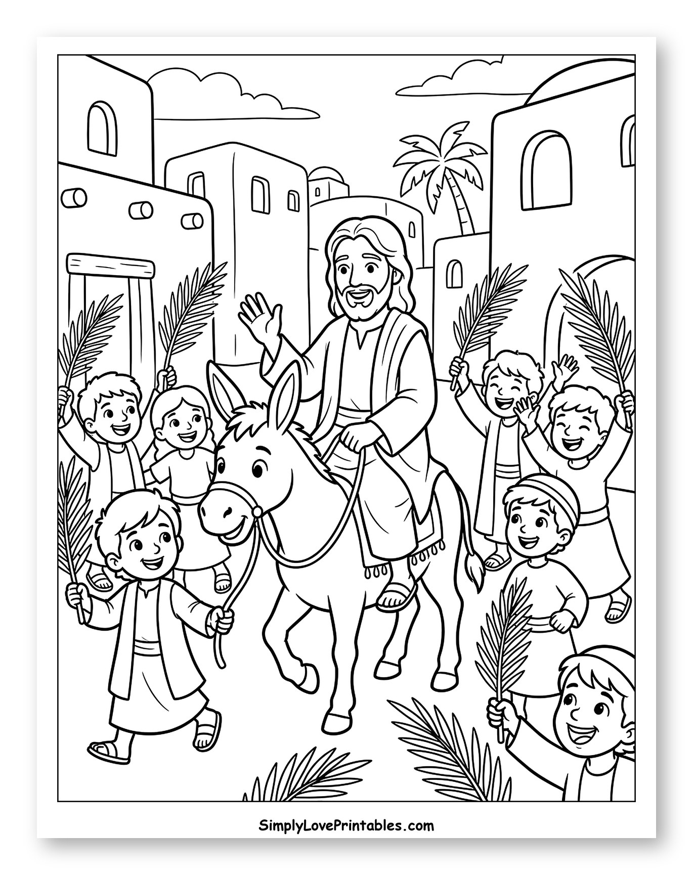 Jesus Riding Donkey with Cheering Children