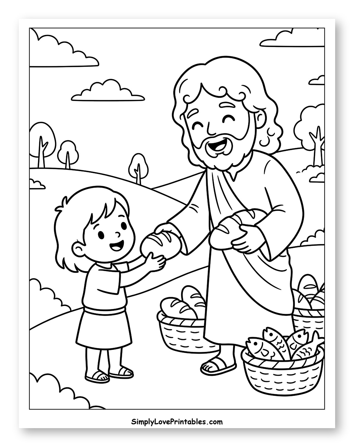 Jesus Sharing Bread and Fish to Color for Kids