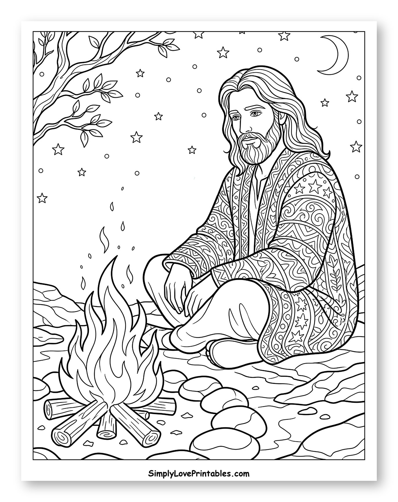 Jesus Sitting by a Campfire at Night