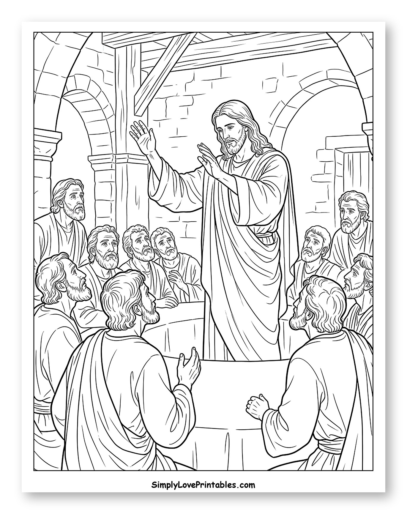 Jesus Speaking to His Disciples at a Table Coloring Sheet