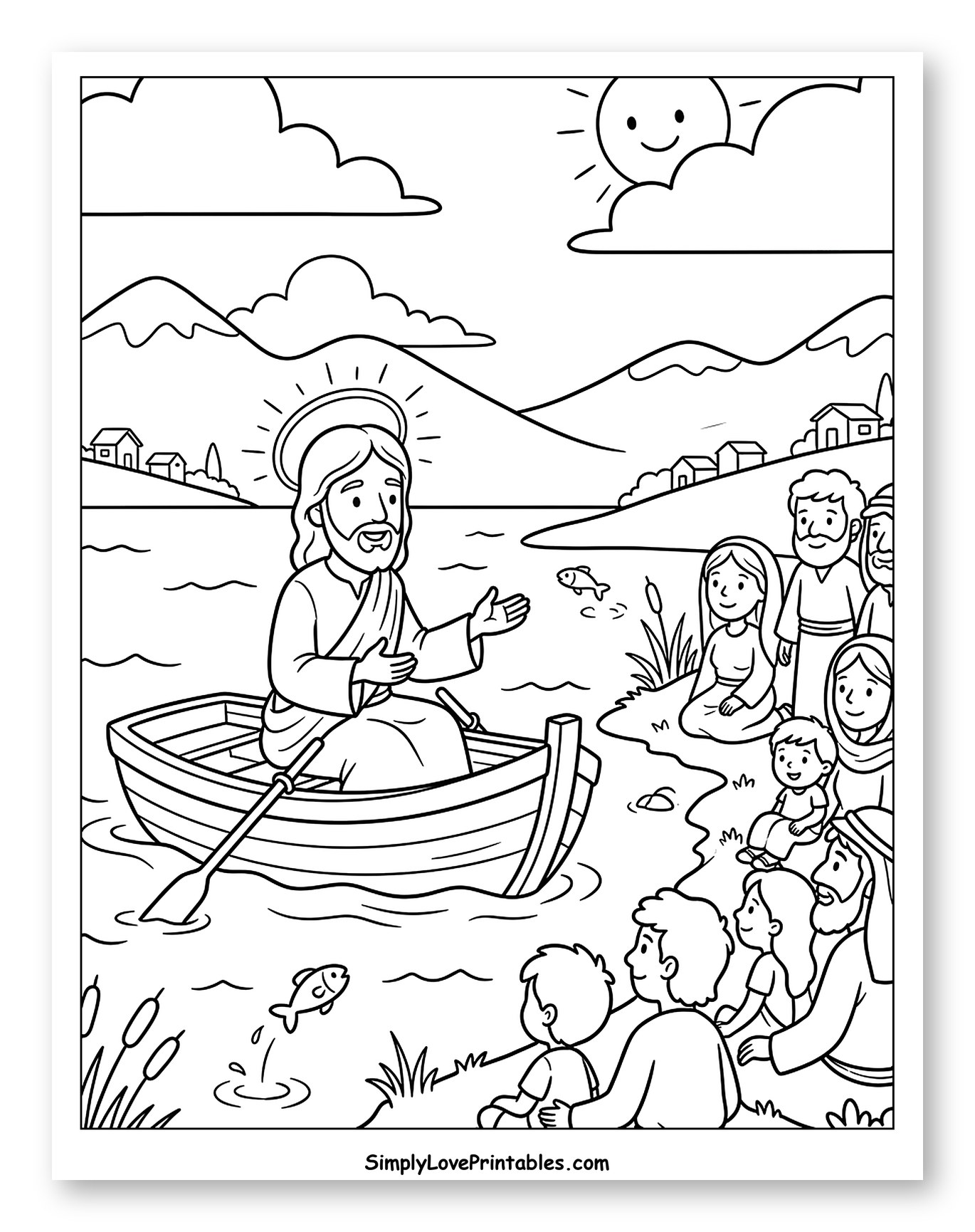 Jesus Teaching a Crowd by the Lake Coloring Page for Kids
