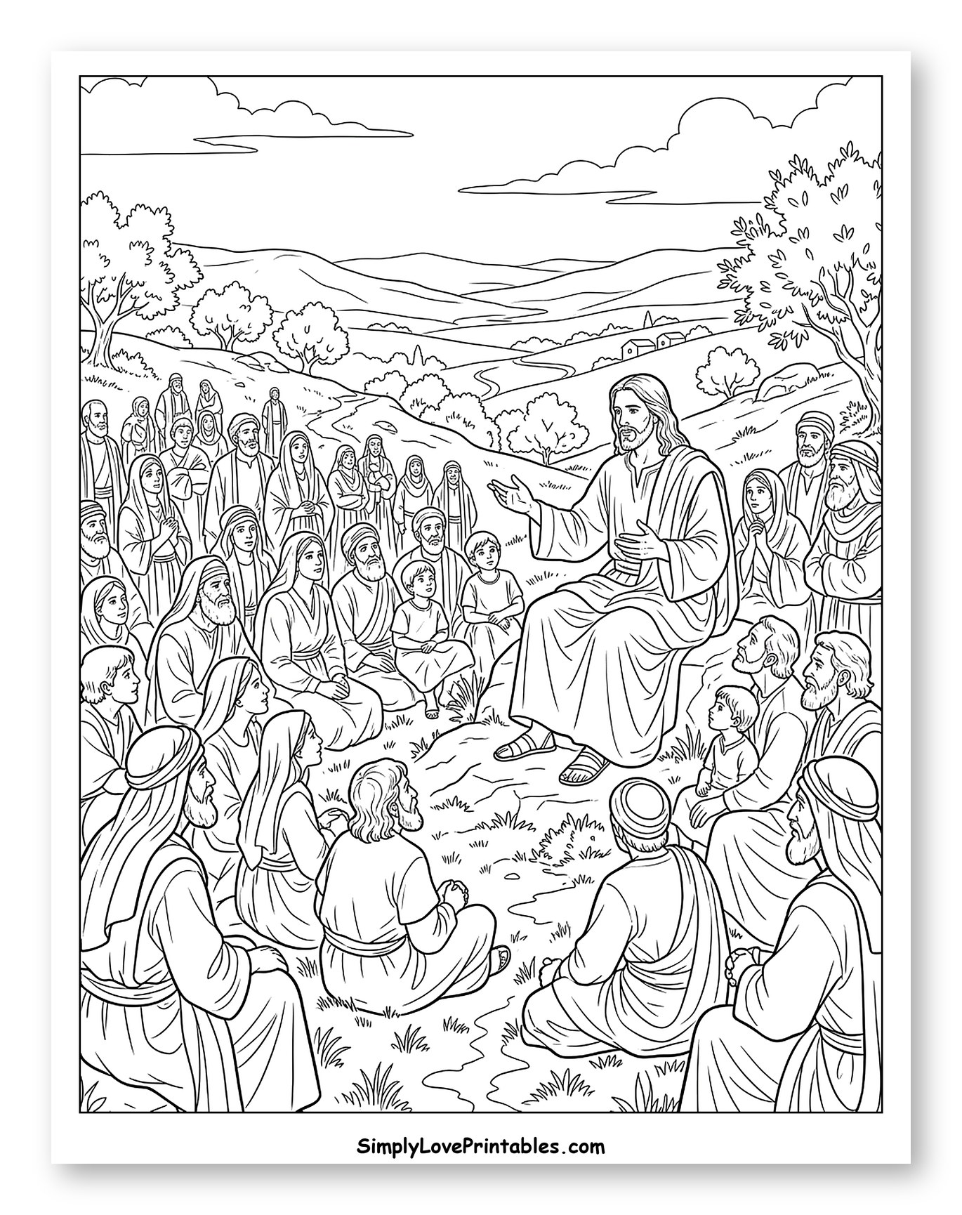 Jesus Teaching a Crowd on a Hillside Coloring Page