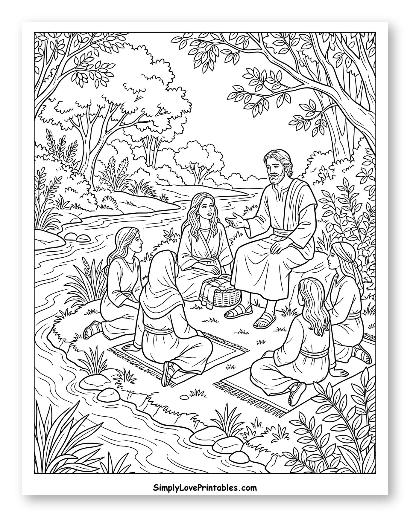 Jesus Teaching a Group of Women by River to Color
