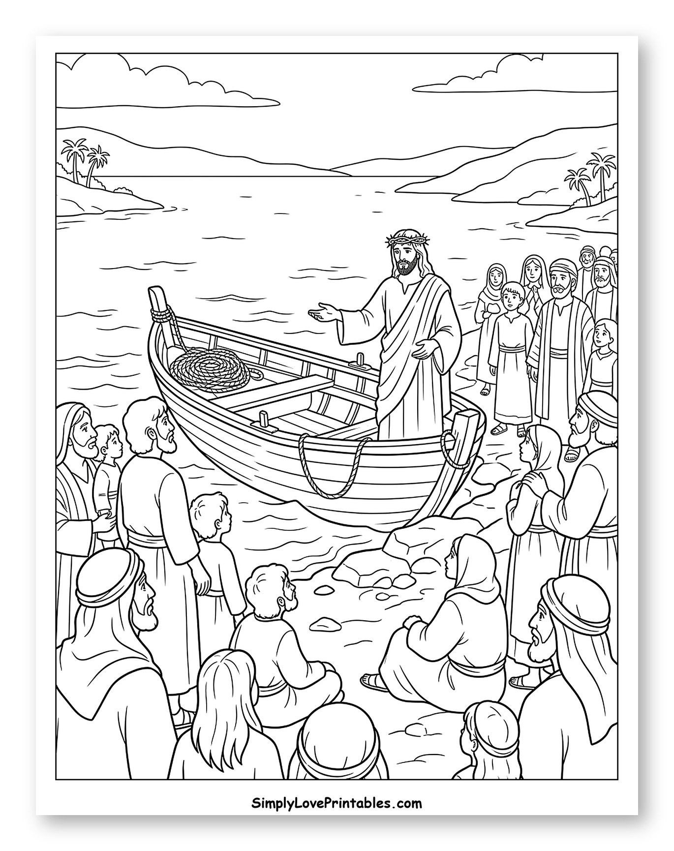 Jesus Teaching from a Boat by the Shore to Color
