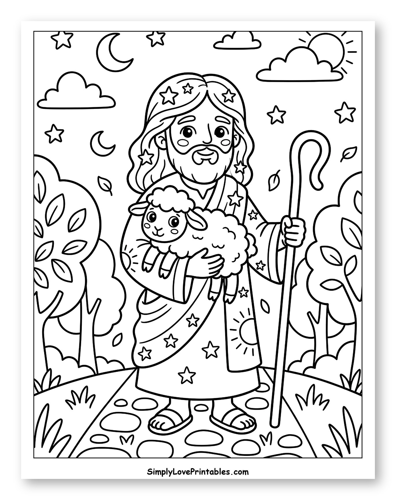 Jesus the Good Shepherd in Nature Coloring Sheet for Adults