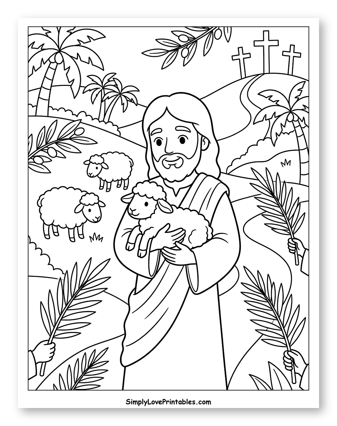 Jesus the Good Shepherd with Lambs and Palm Branches Coloring Page for Kids