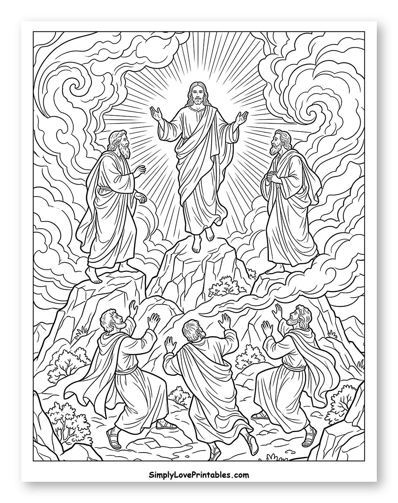 Jesus Transfigured in Glory on Mountain to Color