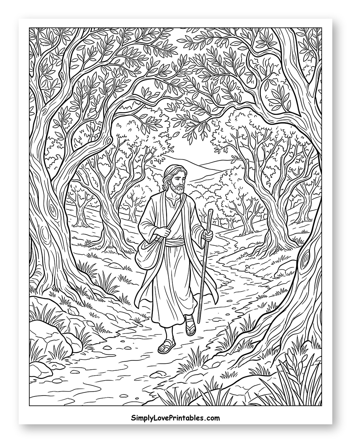 Jesus Walking Through a Forest Path to Color