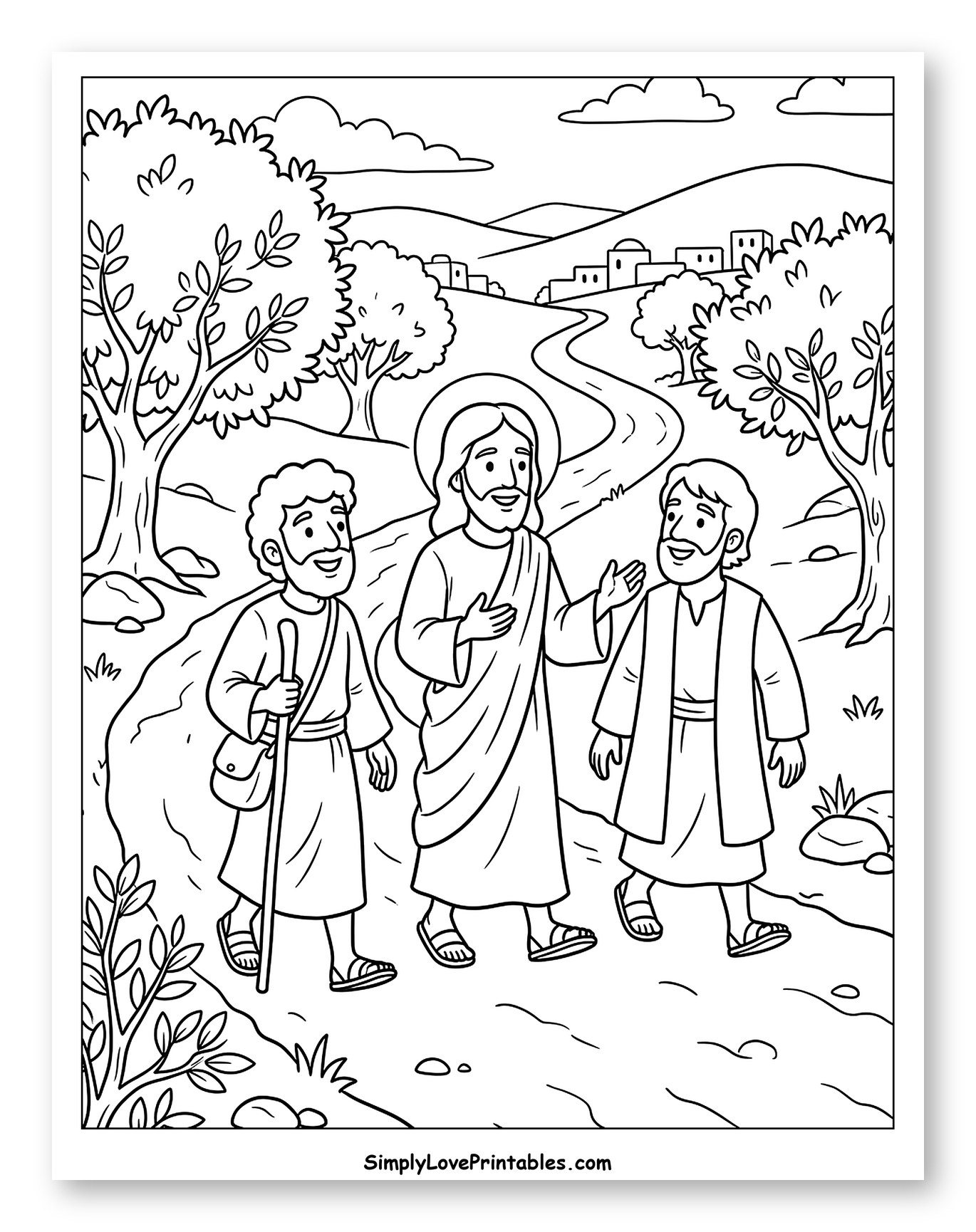 Jesus Walks with Disciples to Emmaus Coloring Page for Kids