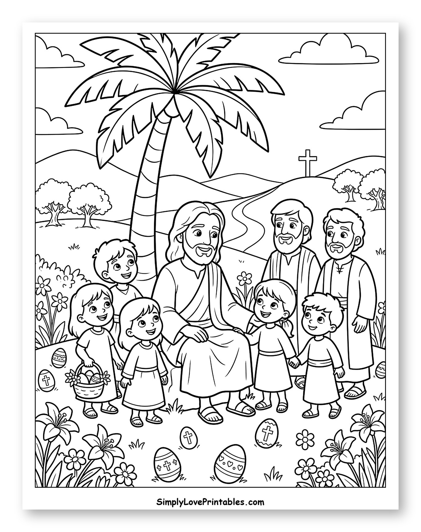 Jesus With Children And Disciples At Easter Coloring Sheet for Kids