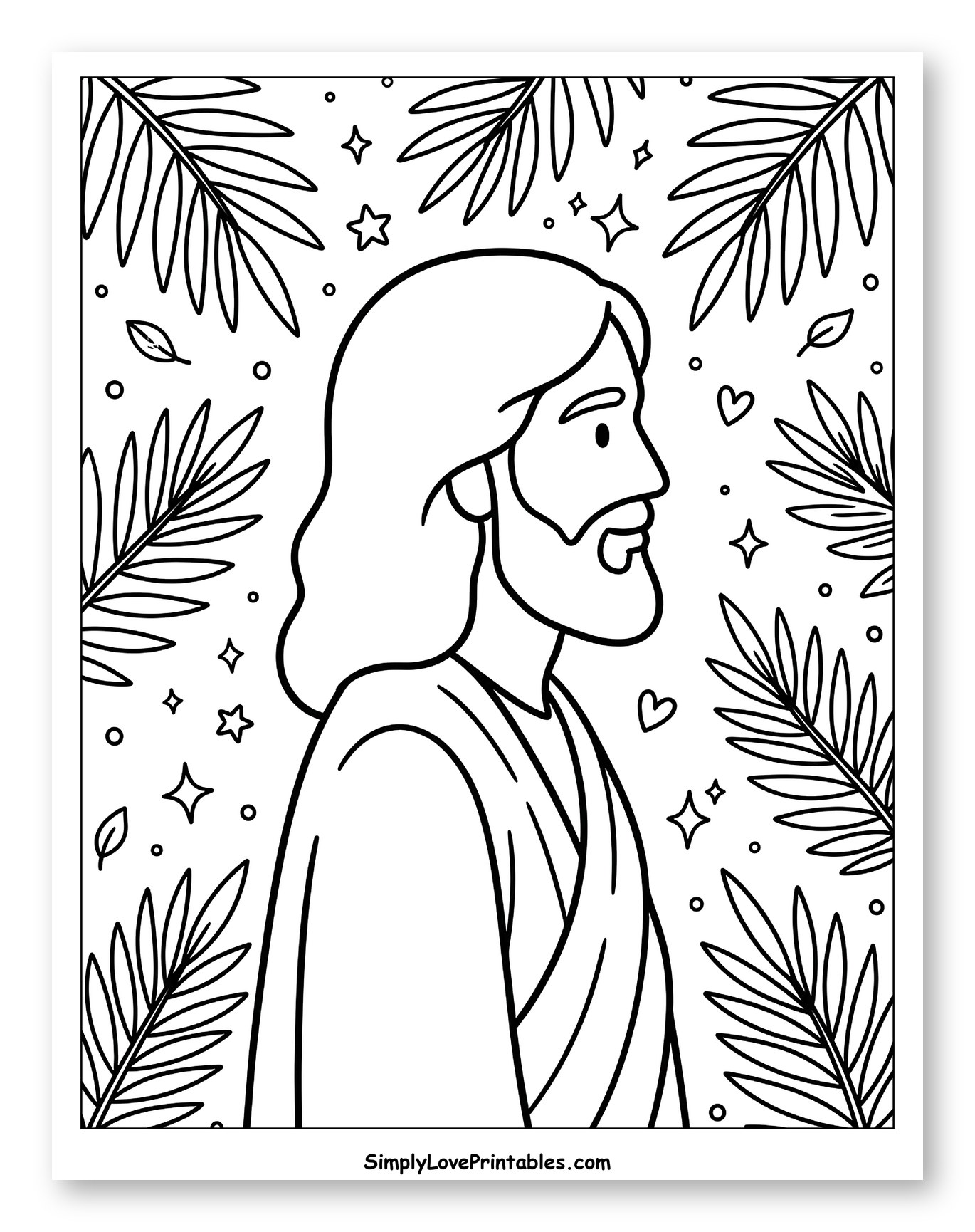 Jesus with Palm Fronds and Stars Coloring Sheet for Adults