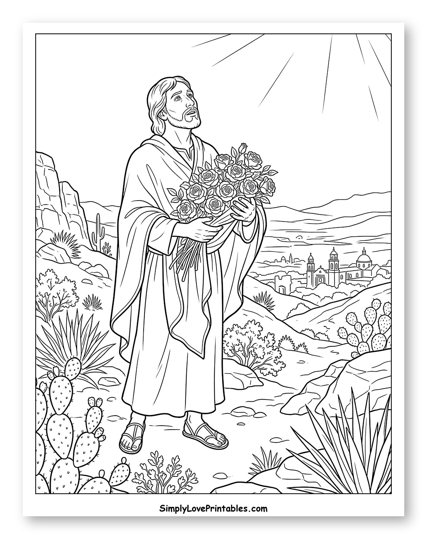 Jesus with Roses in Desert Overlooking Town