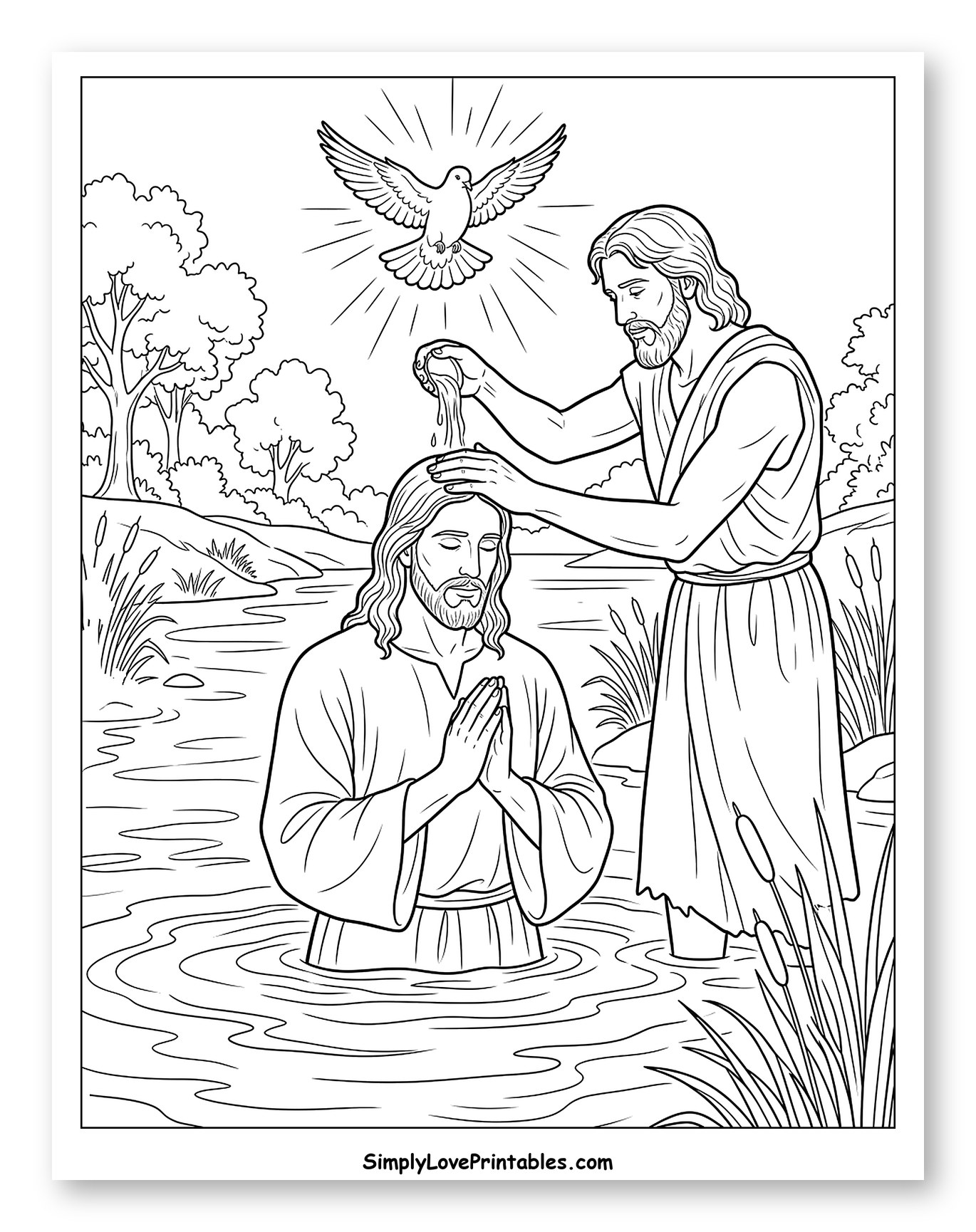 John Baptizes Jesus with Holy Spirit Dove Coloring Sheet