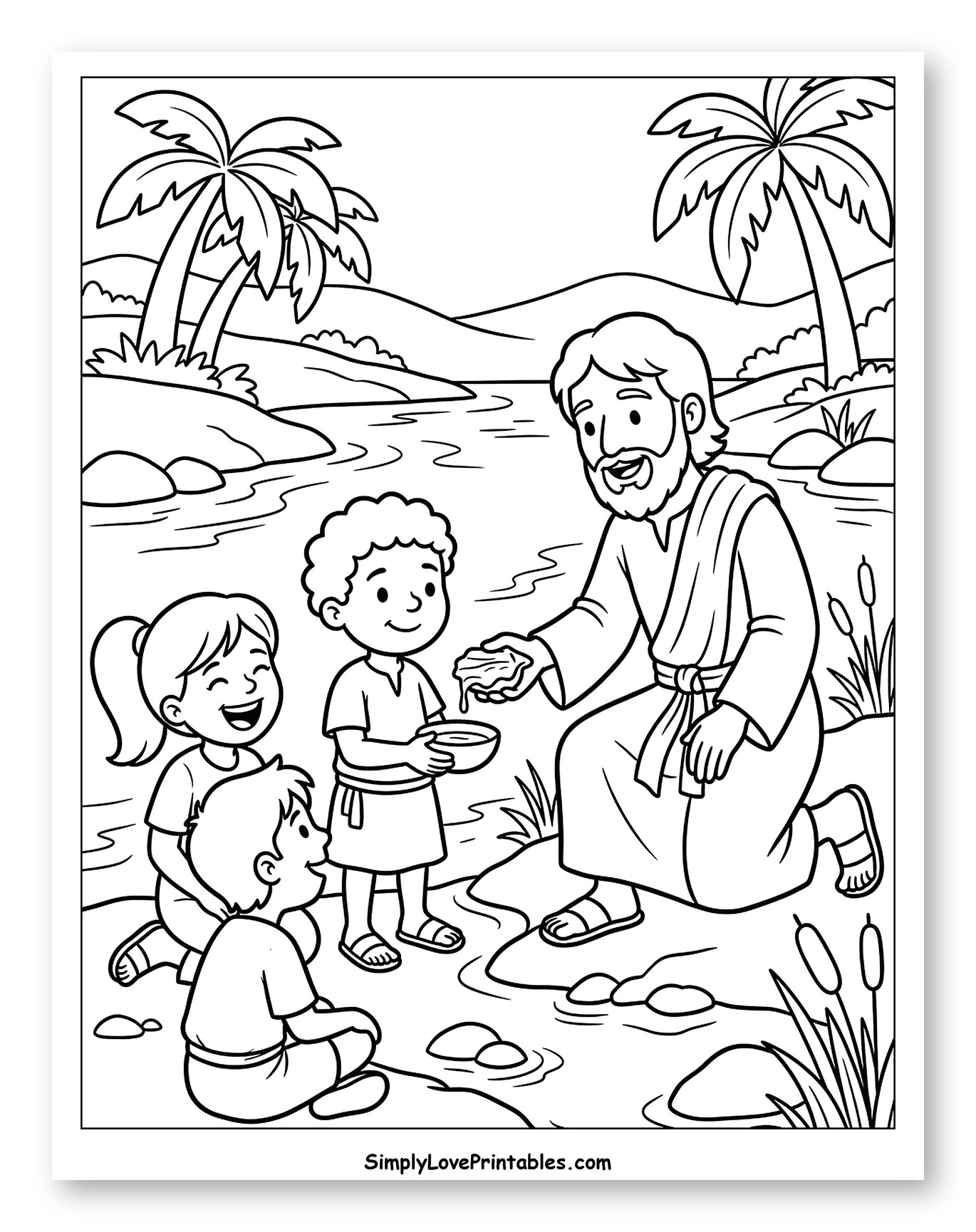 John the Baptist Baptizing Children by a River to Color for Kids