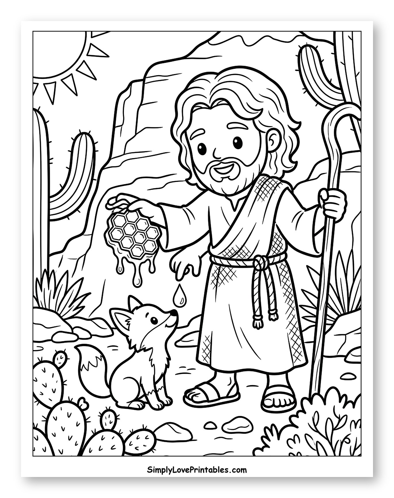 John the Baptist Feeding a Fox Honey to Color for Kids