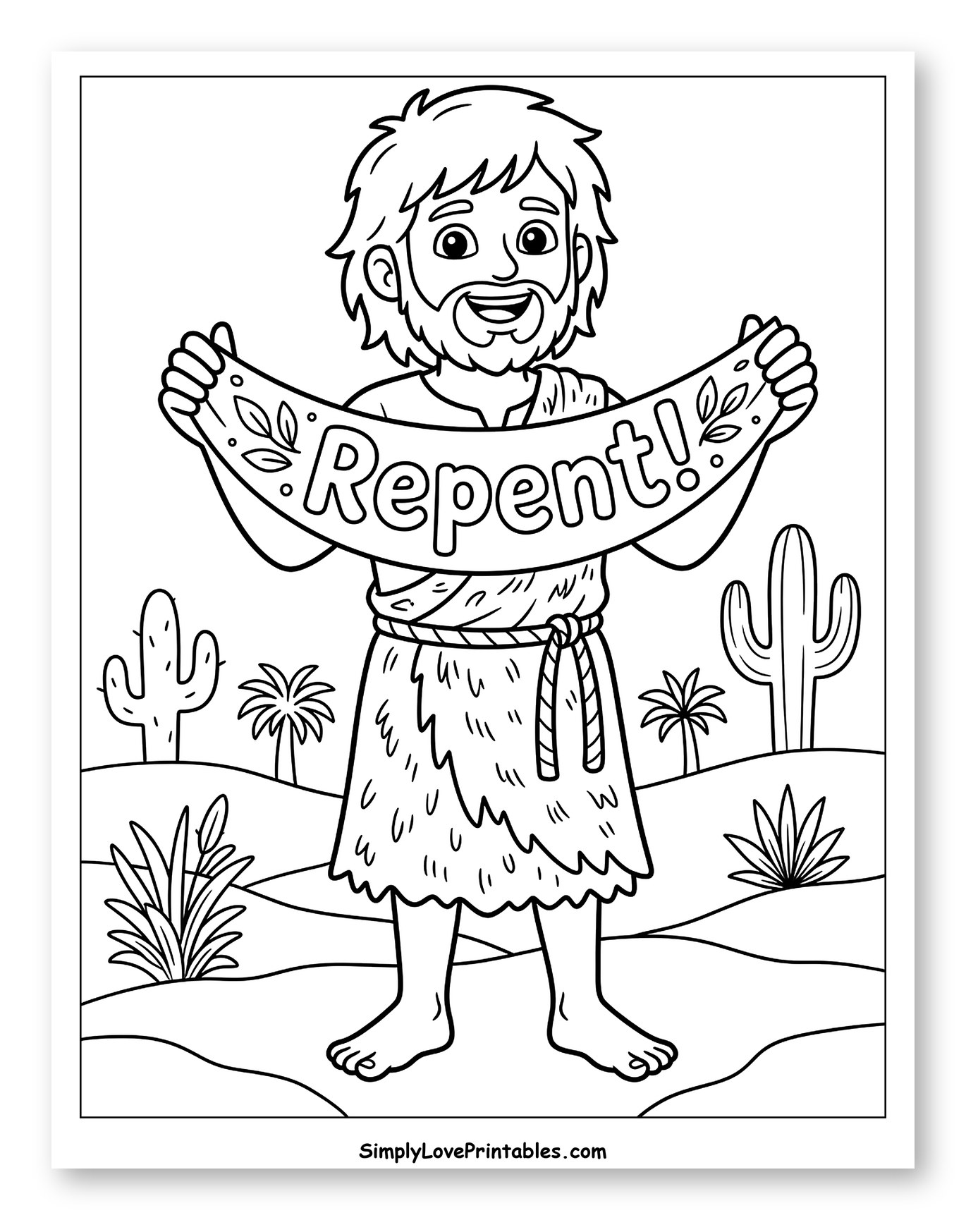 John the Baptist Holding Repent Banner Coloring Page for Kids
