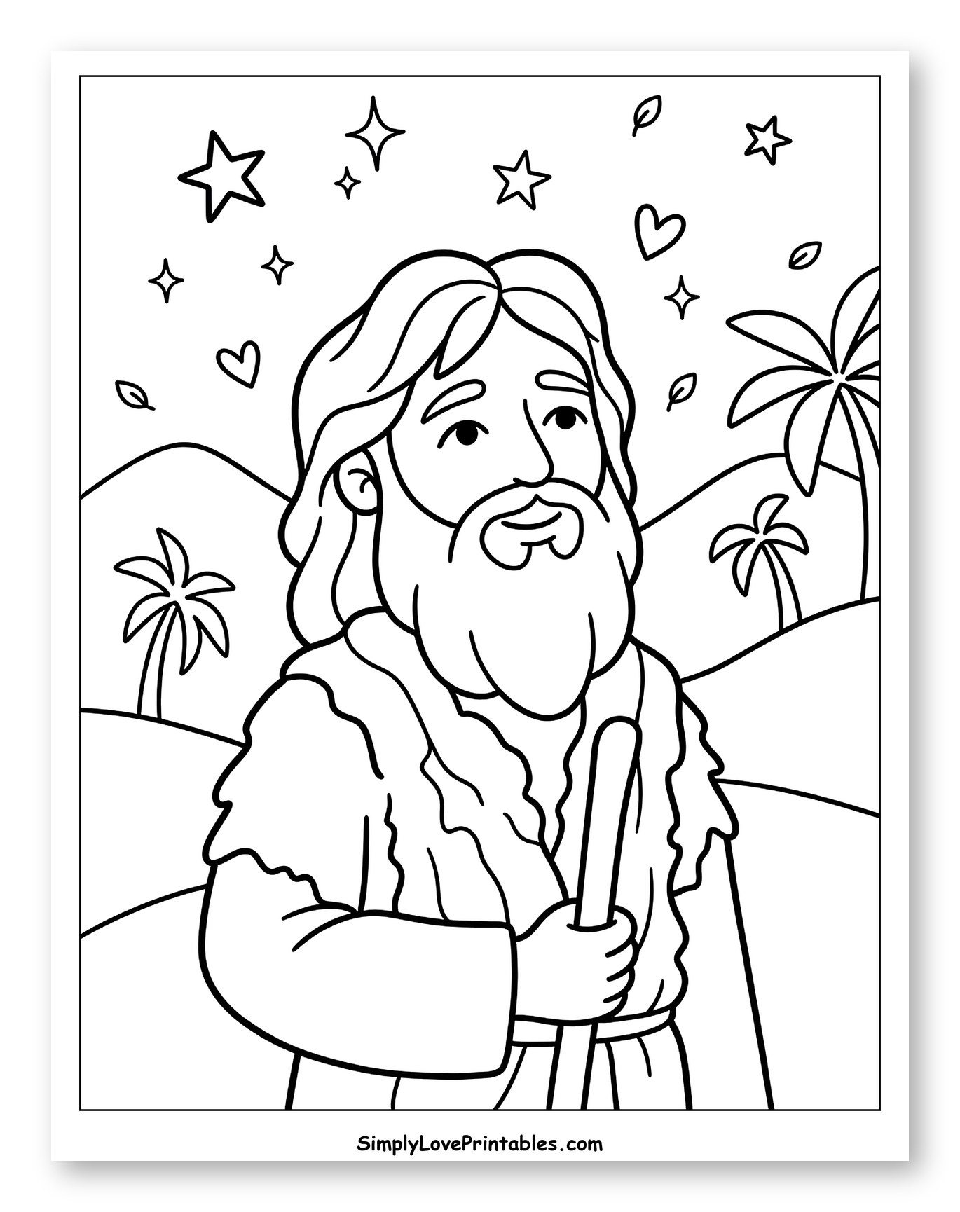 John the Baptist with Staff and Stars Coloring Sheet for Adults