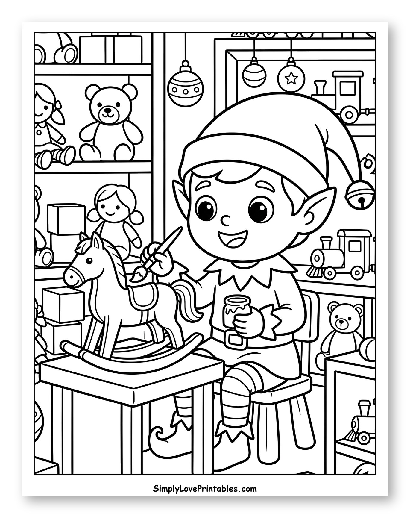 Jolly Elf Painting a Toy Rocking Horse Coloring Sheet for Kids