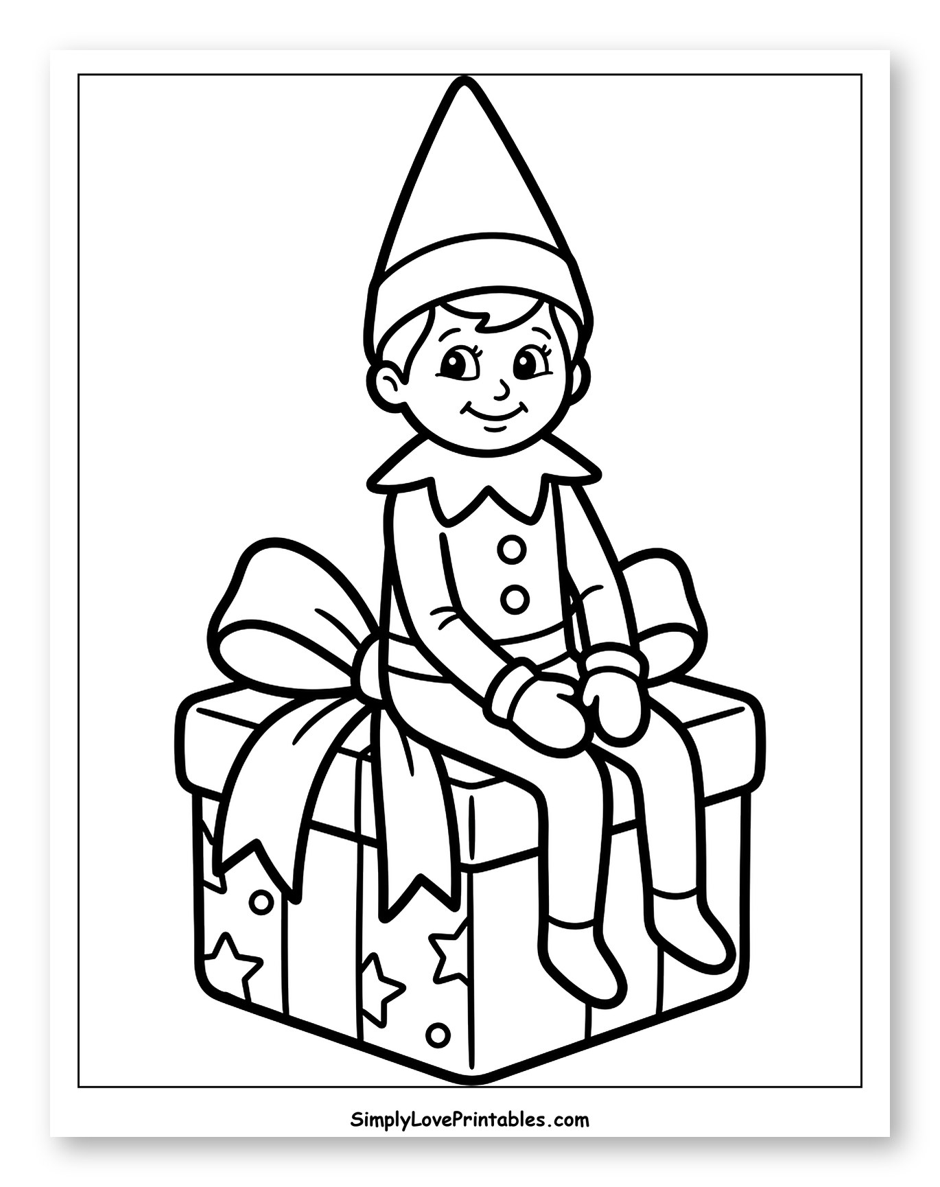 Jolly Elf Sitting on a Wrapped Present Coloring Page for Toddlers