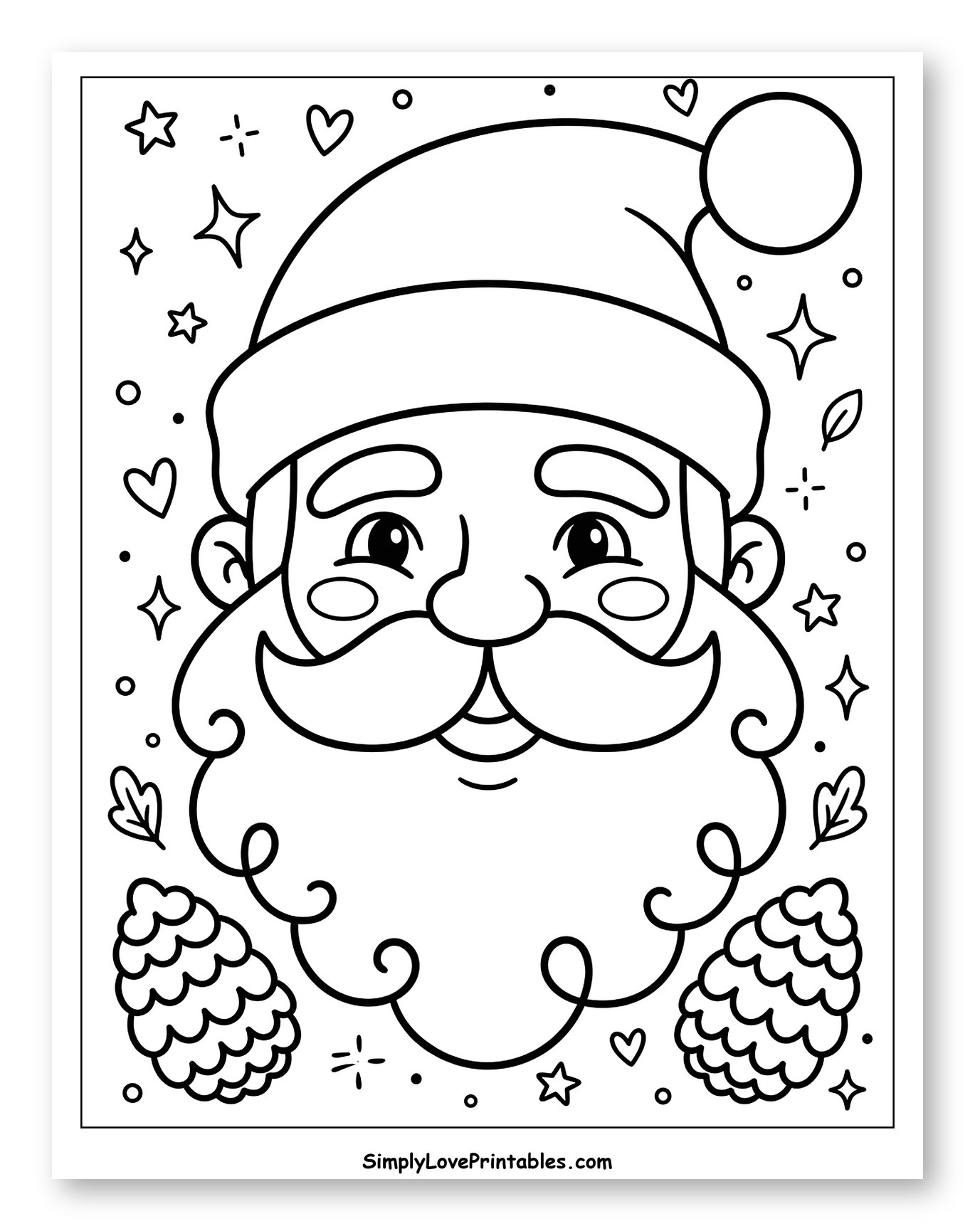 Jolly Santa Claus Face with Holiday Accents Coloring Sheet for Adults