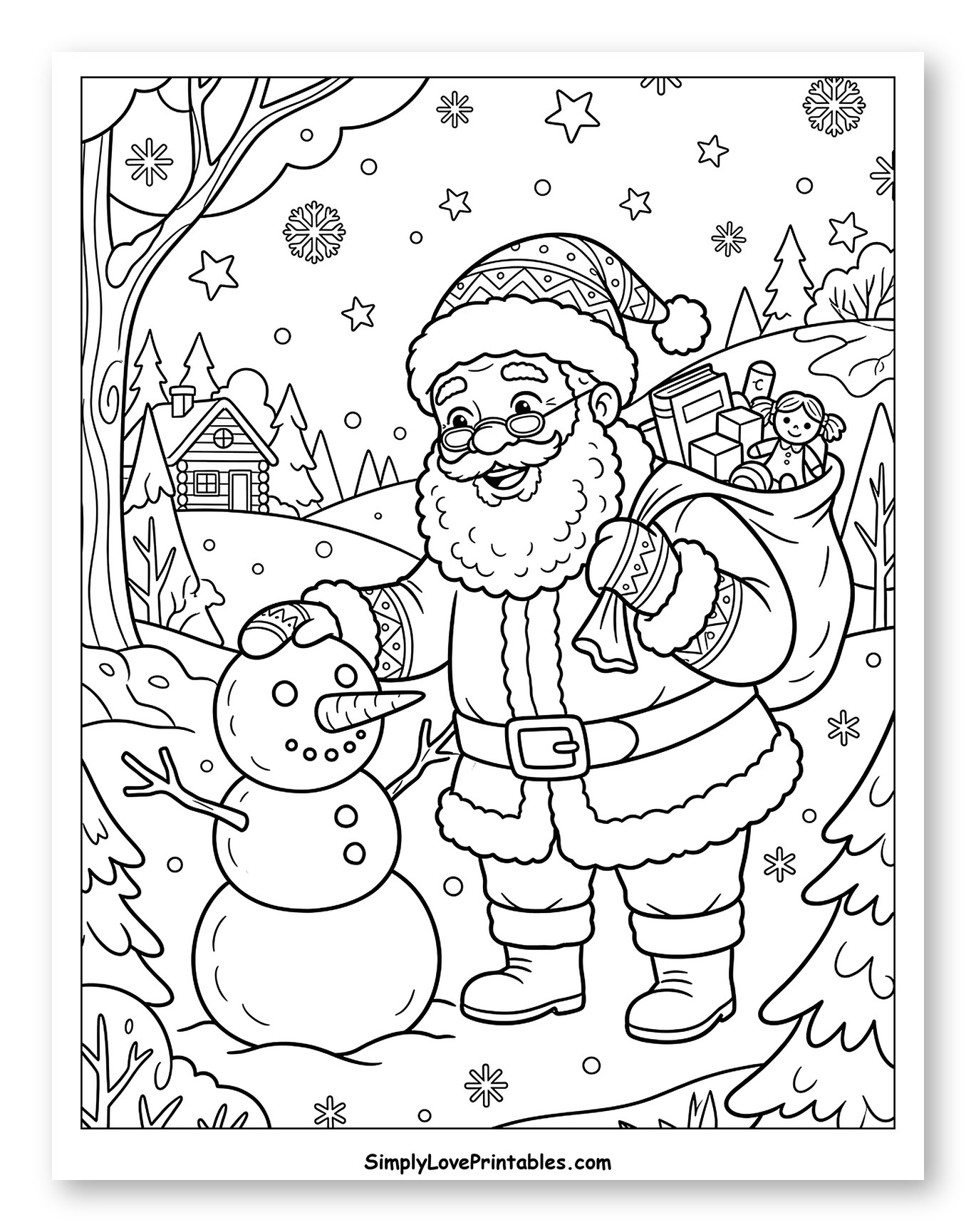 Jolly Santa Claus Greeting a Snowman Friend Coloring Sheet for Kids
